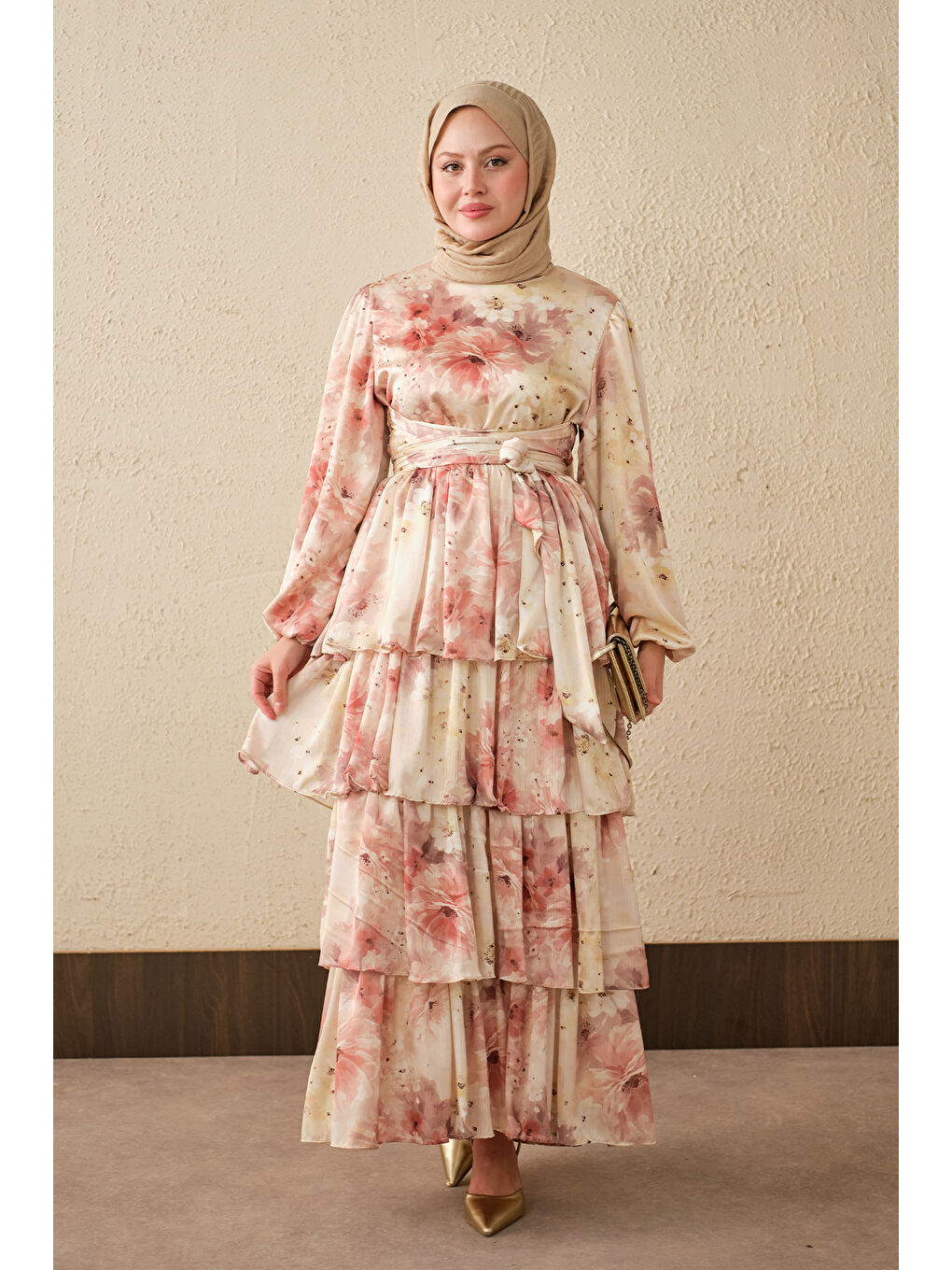 Pembe Kadın Sulu Boya Çiçek Desen Saten Elbise Somon