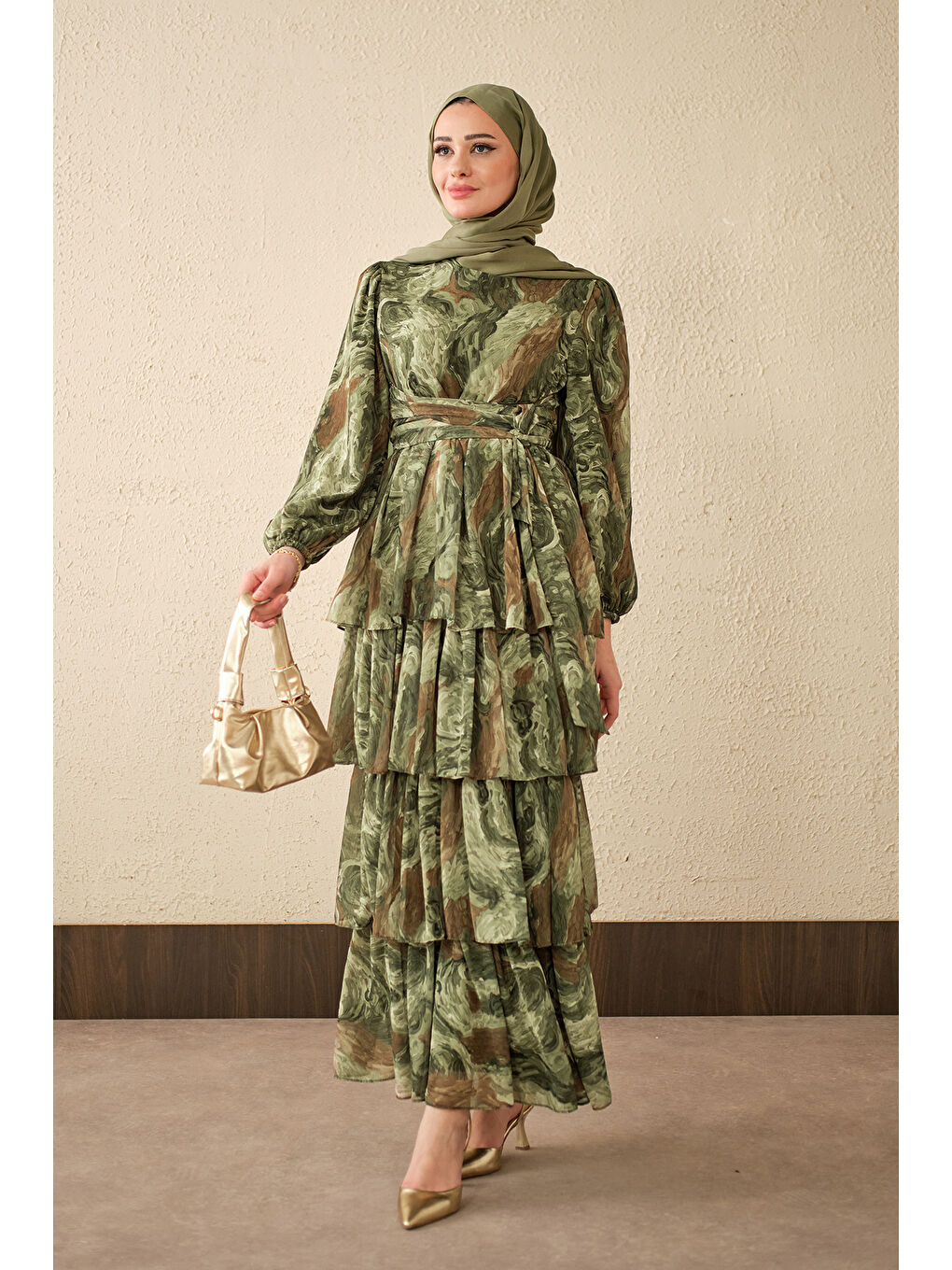 Kadın Kat Kat Detay Kuşaklı Astarlı Şifon Elbise Haki Yeşil-1