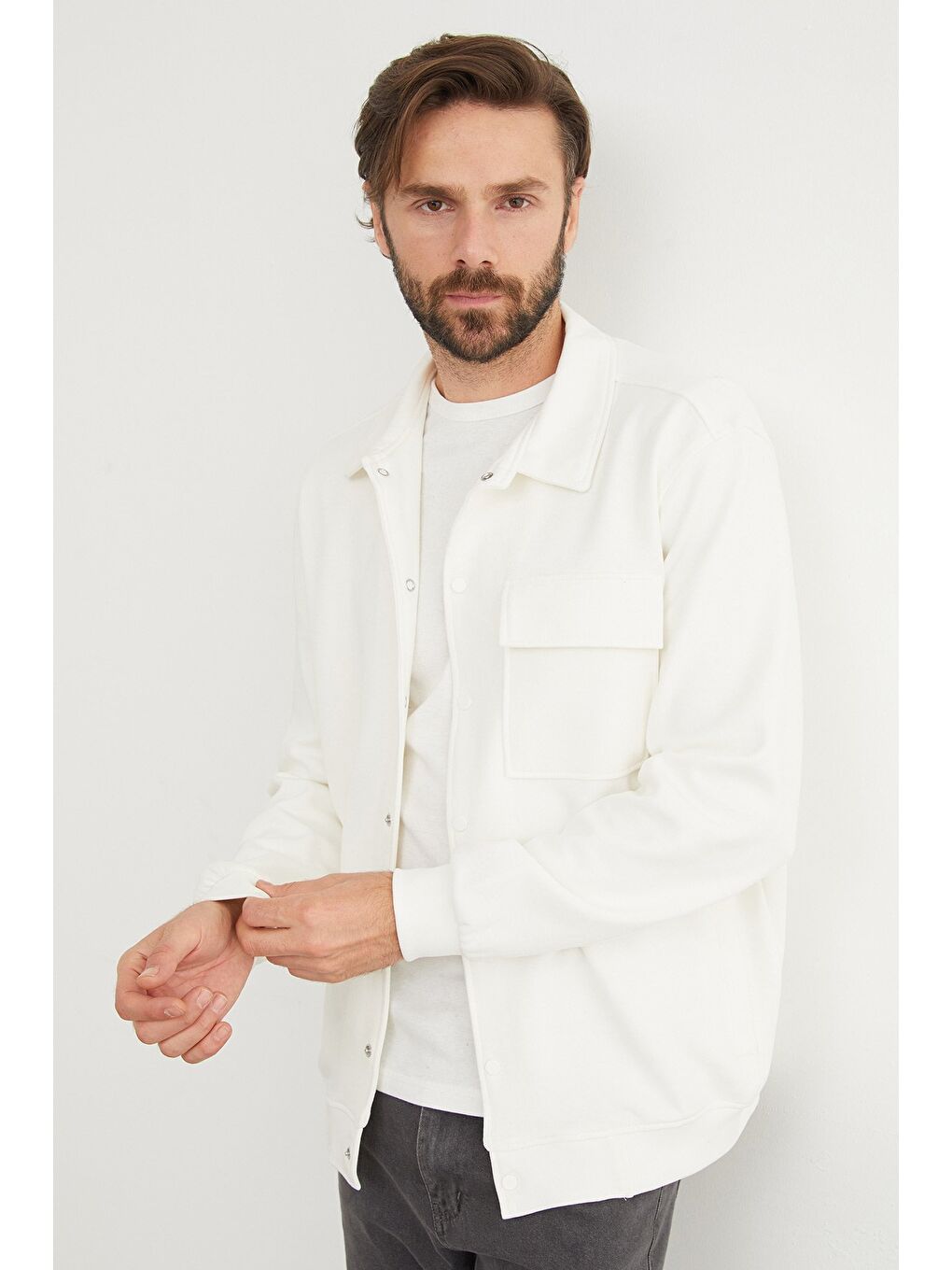 Ekru Çıt Çıtlı Cepli Polo Yaka Ceket-1