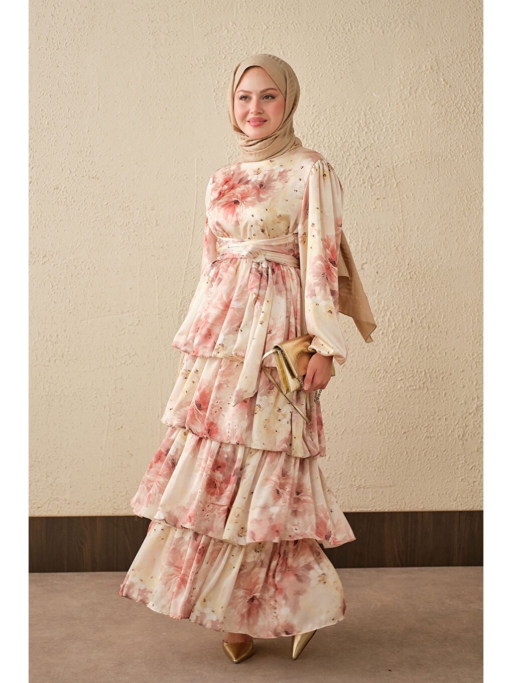 Pembe Kadın Sulu Boya Çiçek Desen Saten Elbise Somon-2