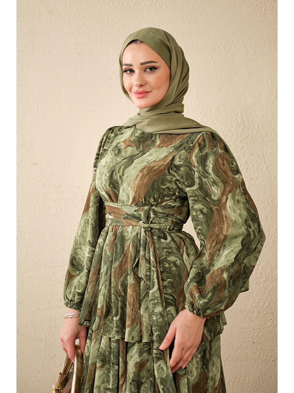 Kadın Kat Kat Detay Kuşaklı Astarlı Şifon Elbise Haki Yeşil-2