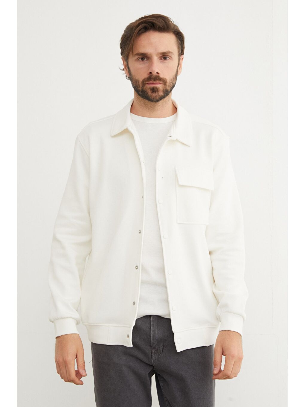 Ekru Çıt Çıtlı Cepli Polo Yaka Ceket-2