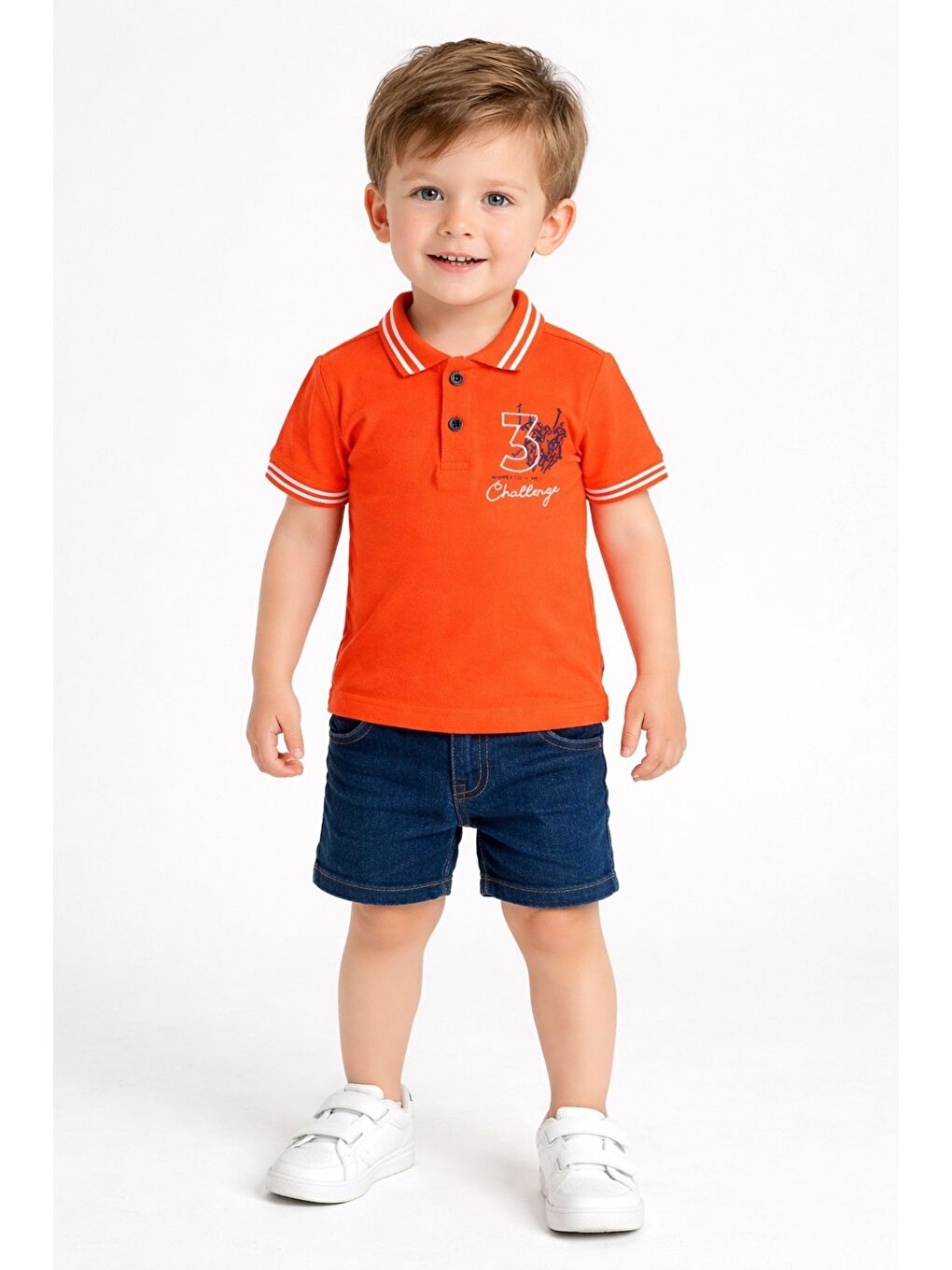 Erkek Bebek Polo Yaka Turuncu Tişört Jean Şort 2’li Yazlık Takım