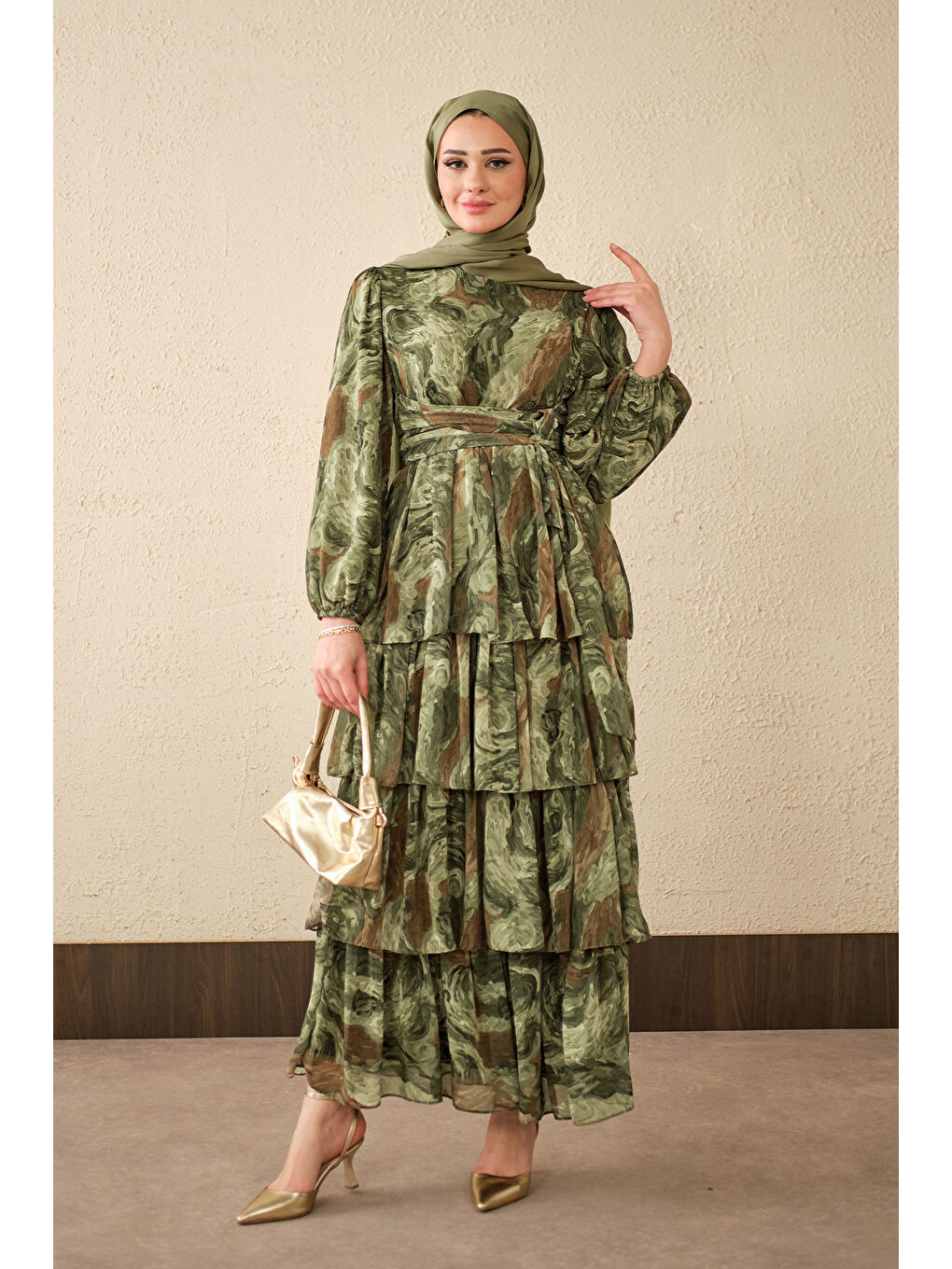 Kadın Kat Kat Detay Kuşaklı Astarlı Şifon Elbise Haki Yeşil-3