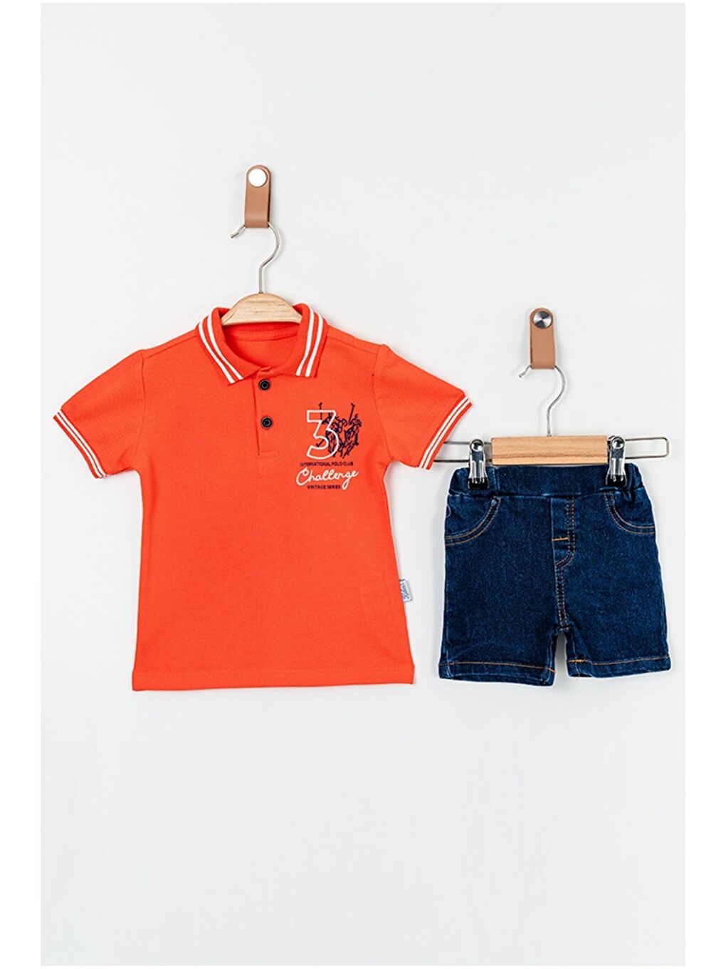 Erkek Bebek Polo Yaka Turuncu Tişört Jean Şort 2’li Yazlık Takım-1