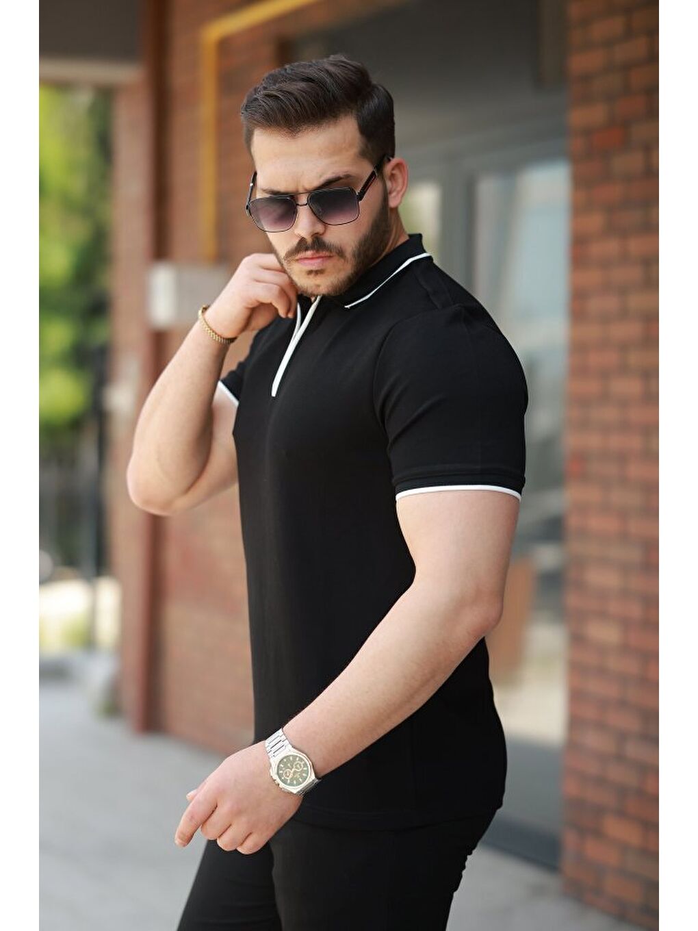Siyah Erkek Fermuar Yakalı Polo Yaka Tişört-1