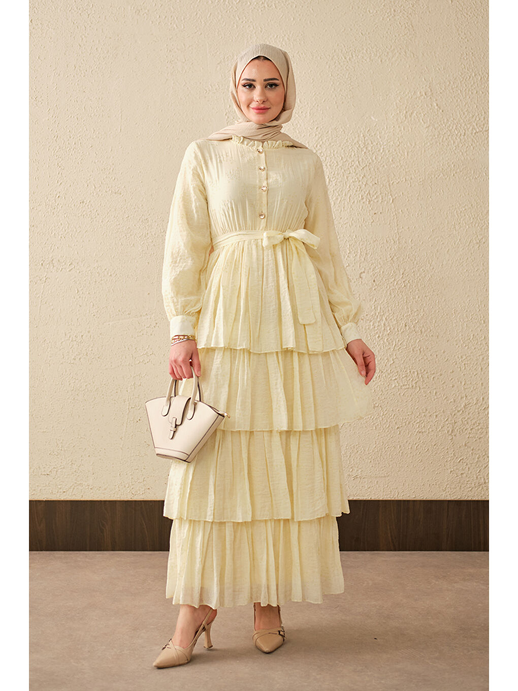 Kadın Beli Lastikli Gold Düğme Detaylı Volanlı Elbise Sarı