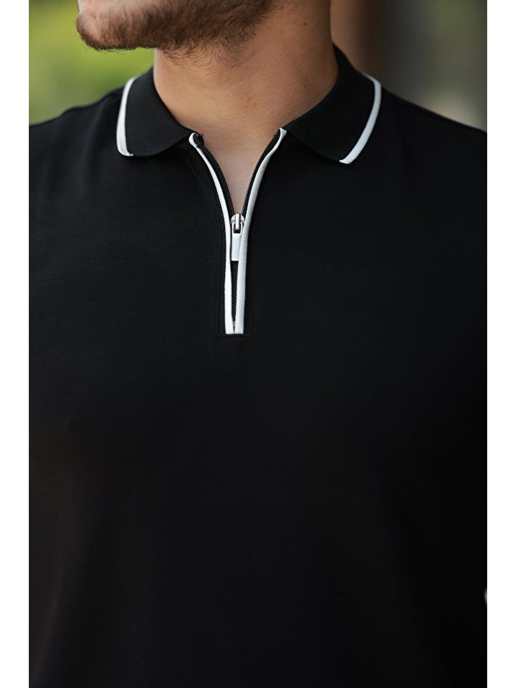 Siyah Erkek Fermuar Yakalı Polo Yaka Tişört-2