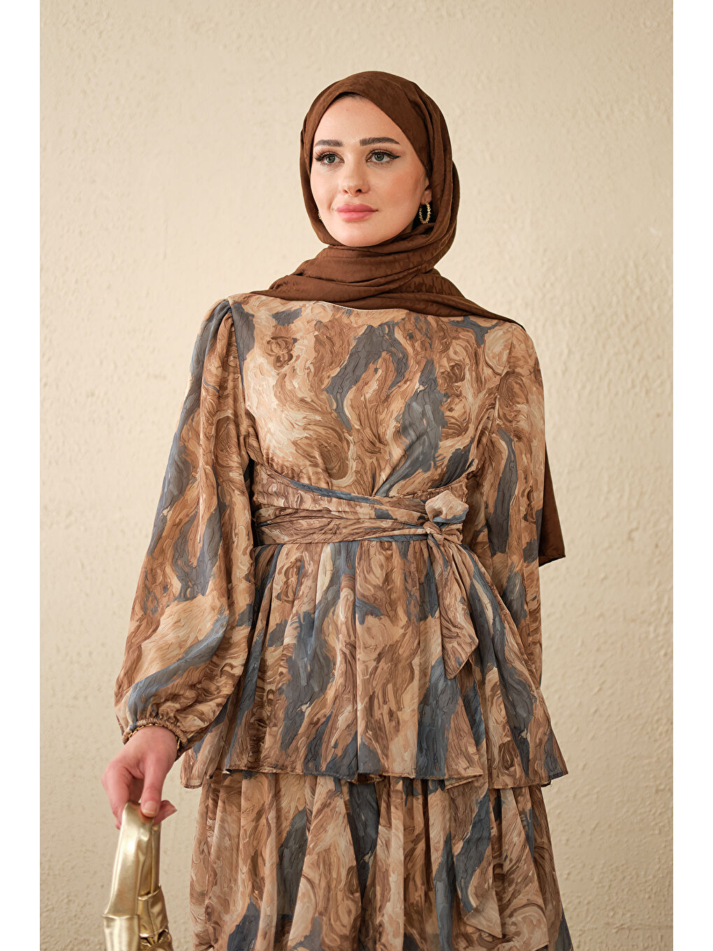 Kadın Kat Kat Detay Kuşaklı Astarlı Şifon Elbise Lacivert-2