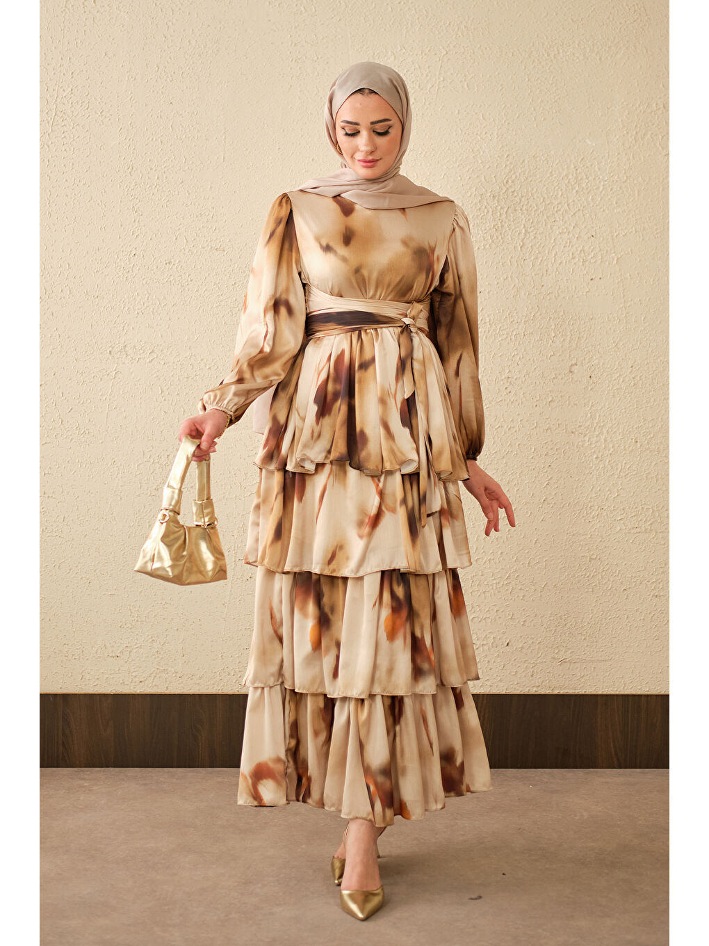 Kadın Etnik Desen Arkadan Bağlamalı Elbise Yağ Yeşil-1