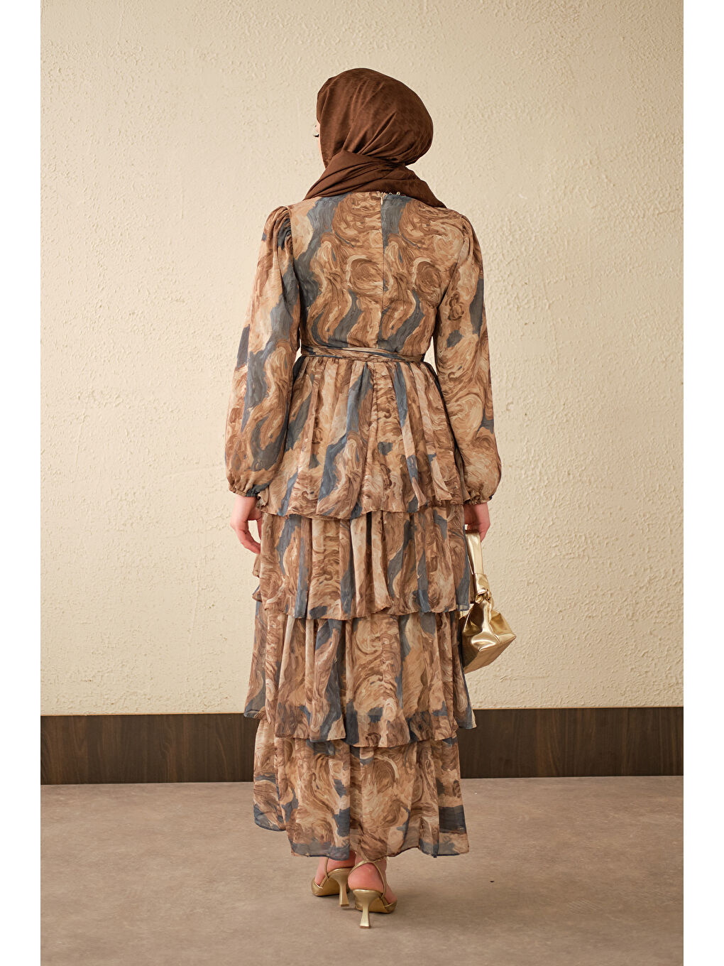 Kadın Kat Kat Detay Kuşaklı Astarlı Şifon Elbise Lacivert-4