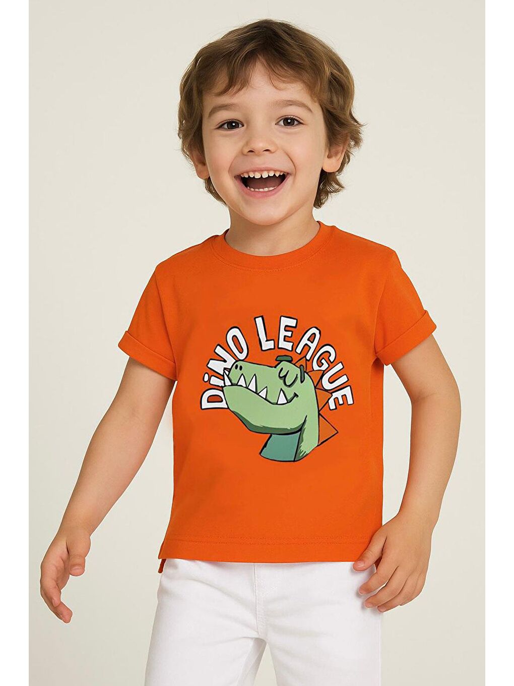 Erkek Çocuk Tişört Lig Yıldızı Dinozor Baskılı Turuncu (2-6 Yaş)