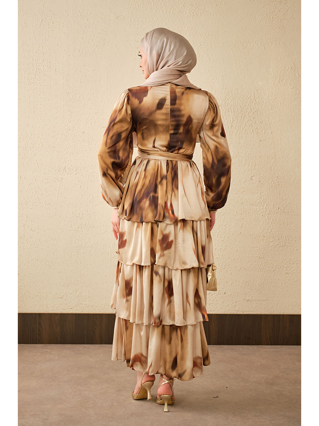 Kadın Etnik Desen Arkadan Bağlamalı Elbise Yağ Yeşil-4