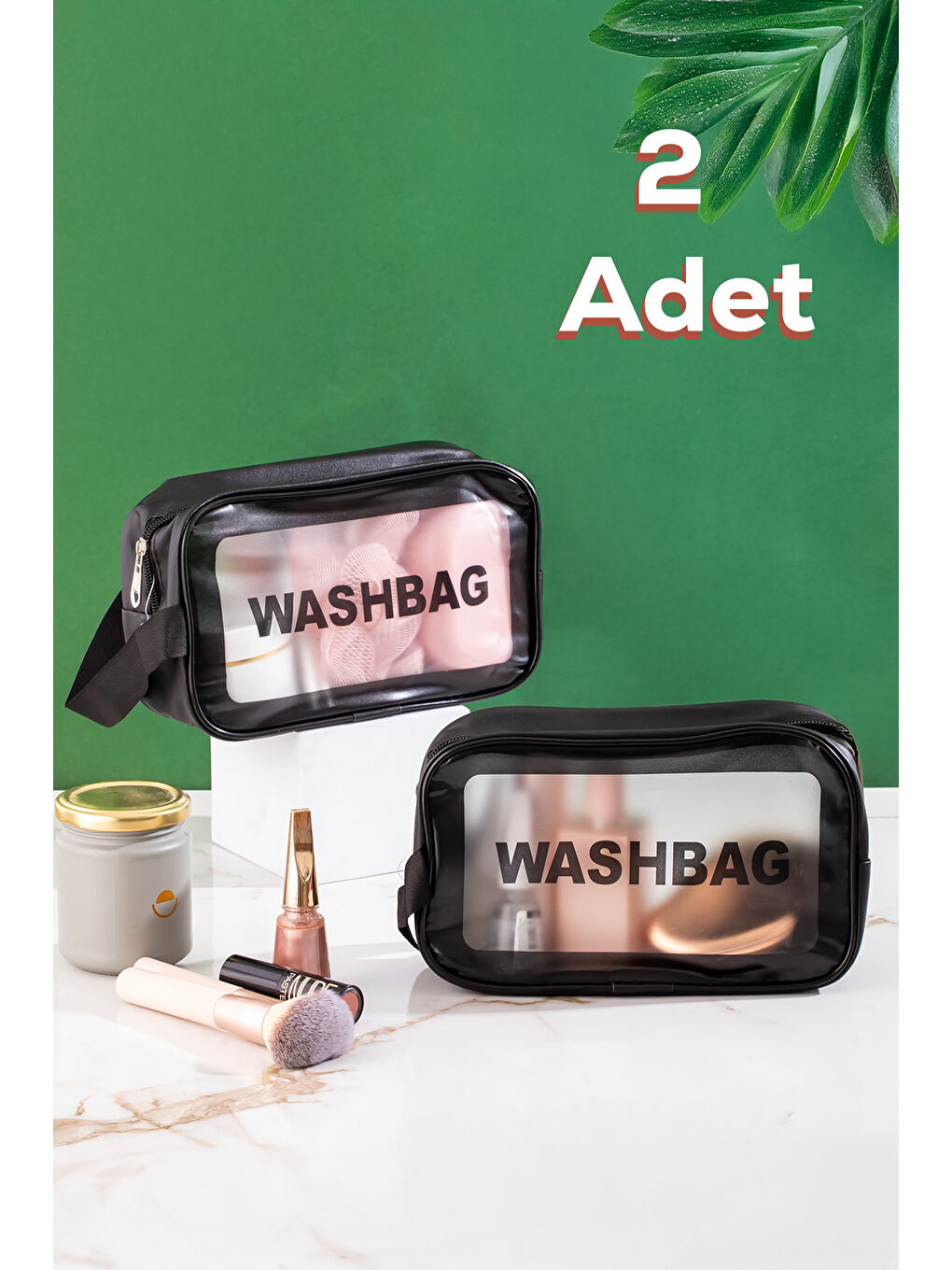 3140 2li Şeffaf Seyahat ve Makyaj Çantası Su Geçirmez Organizer Washbag 21x13cm