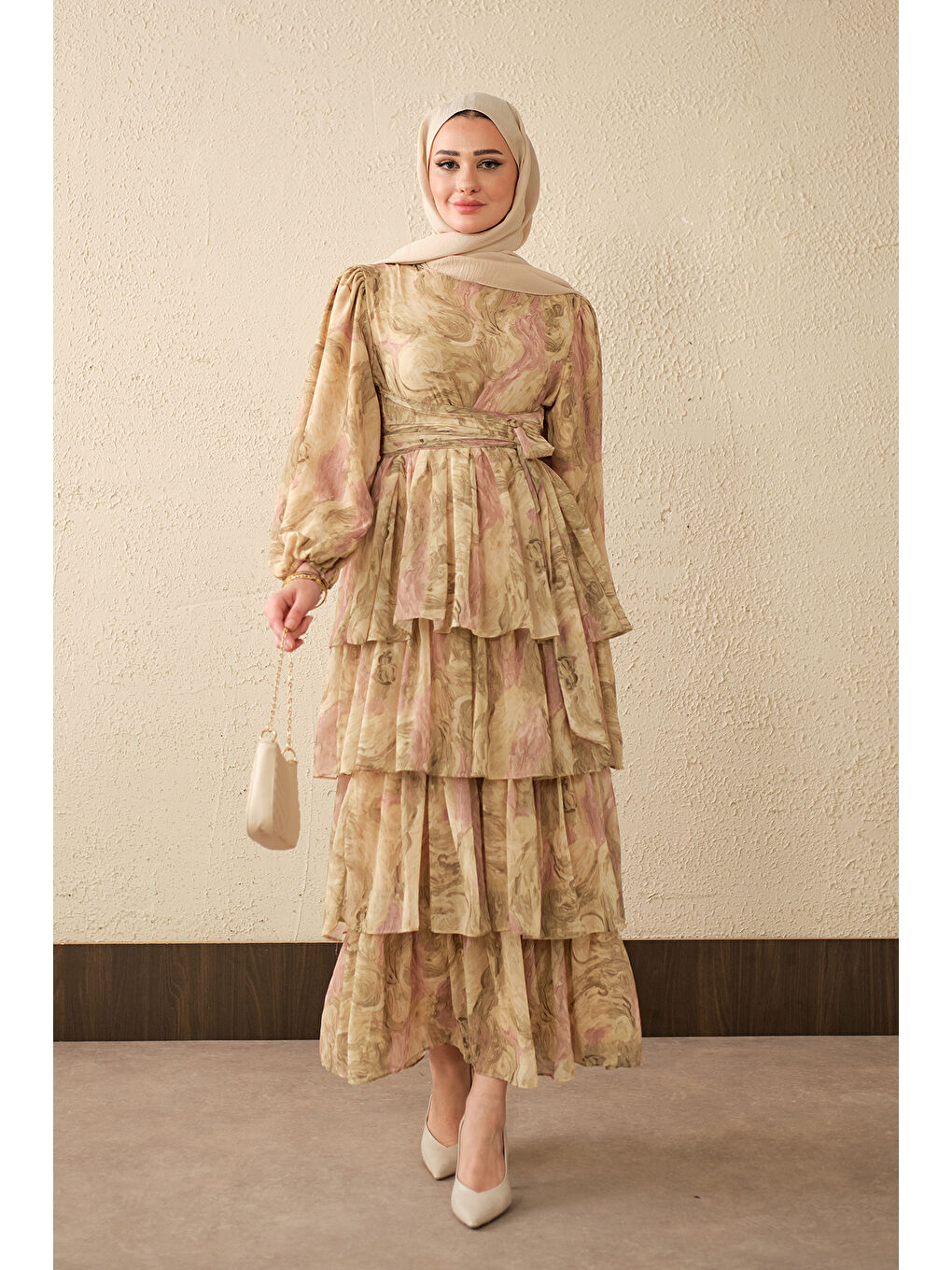 Kadın Kat Kat Detay Kuşaklı Astarlı Şifon Elbise Yağ Yeşil