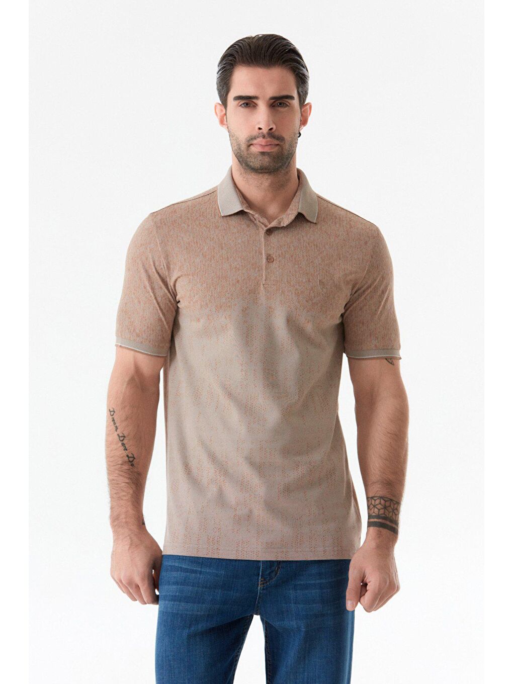 Bej Baskılı Polo Yaka Tişört-2