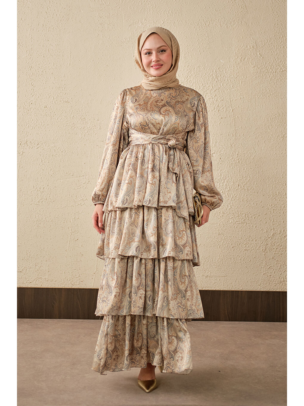 Kadın Etnik Desen Arkadan Bağlamalı Elbise Yeşil