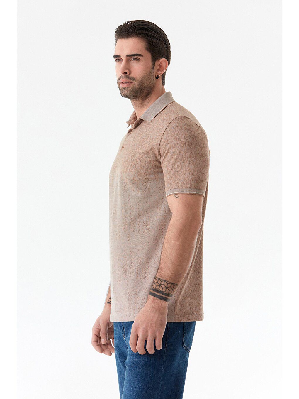 Bej Baskılı Polo Yaka Tişört-4