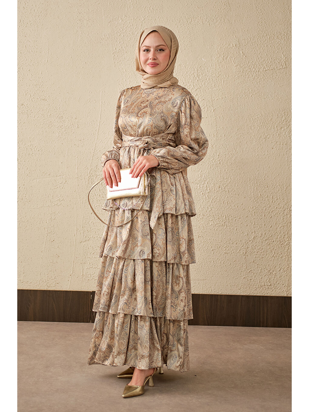 Kadın Etnik Desen Arkadan Bağlamalı Elbise Yeşil-2