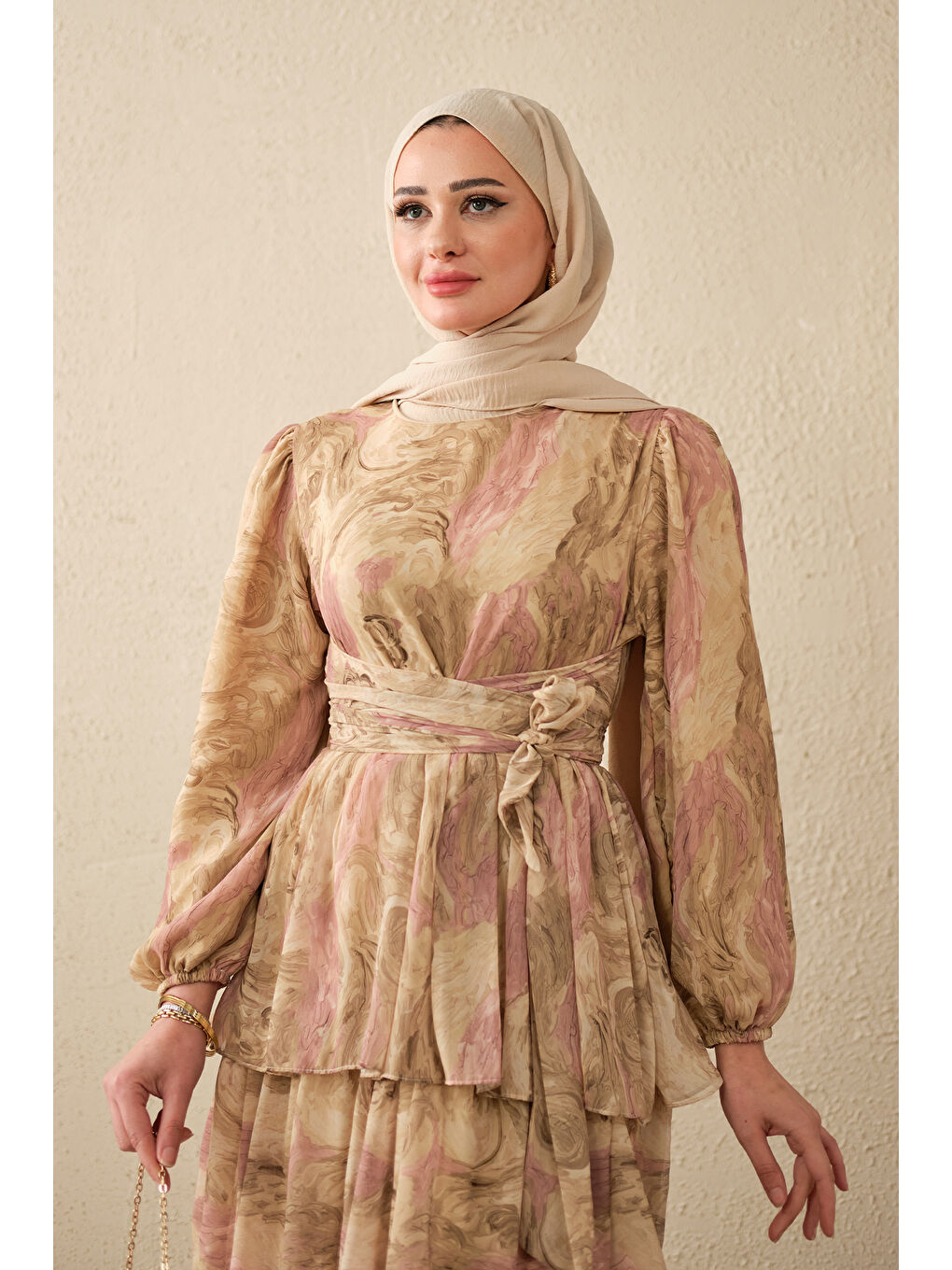 Kadın Kat Kat Detay Kuşaklı Astarlı Şifon Elbise Yağ Yeşil-2