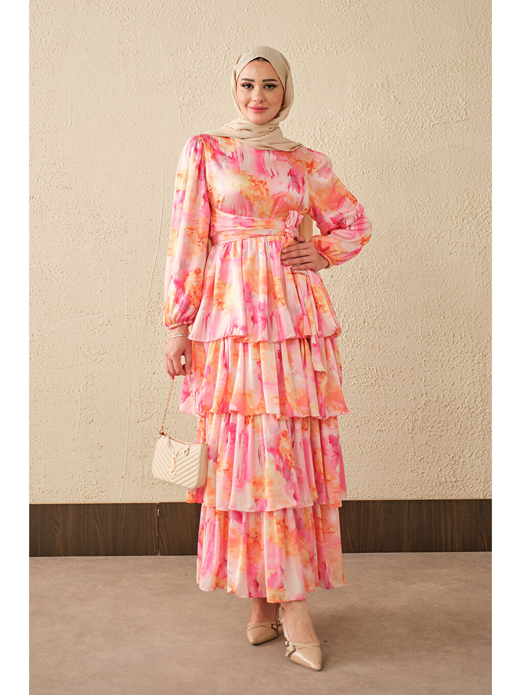 Kadın Karışık Desen Bel Bağlamalı Saten Elbise Pembe