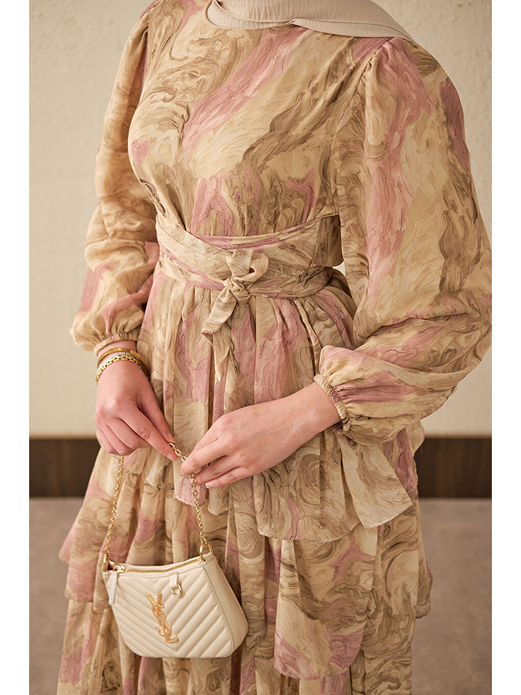 Kadın Kat Kat Detay Kuşaklı Astarlı Şifon Elbise Yağ Yeşil-3