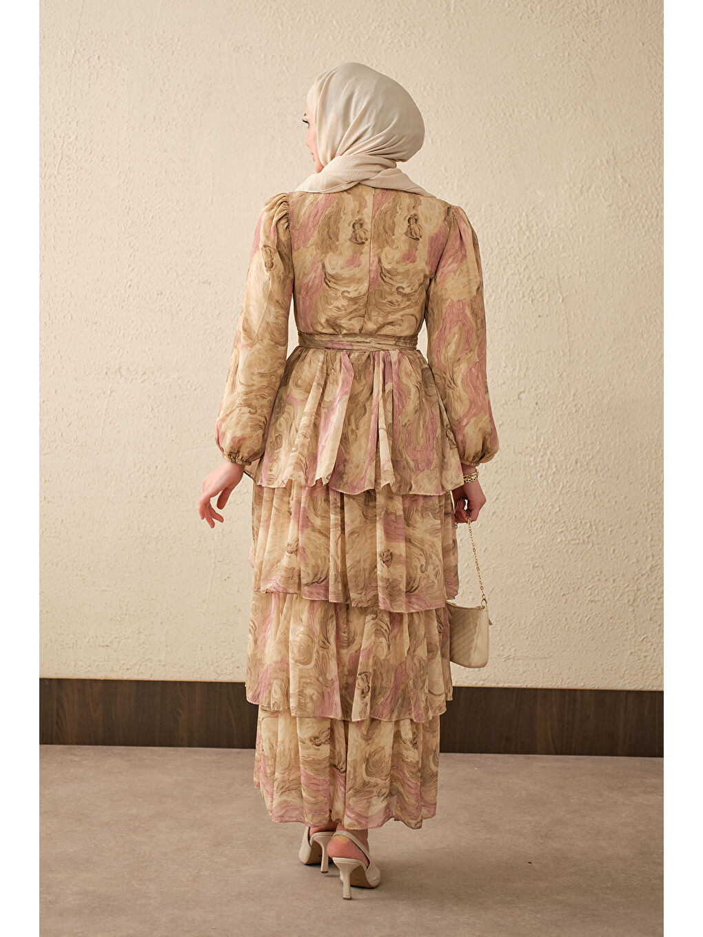 Kadın Kat Kat Detay Kuşaklı Astarlı Şifon Elbise Yağ Yeşil-4