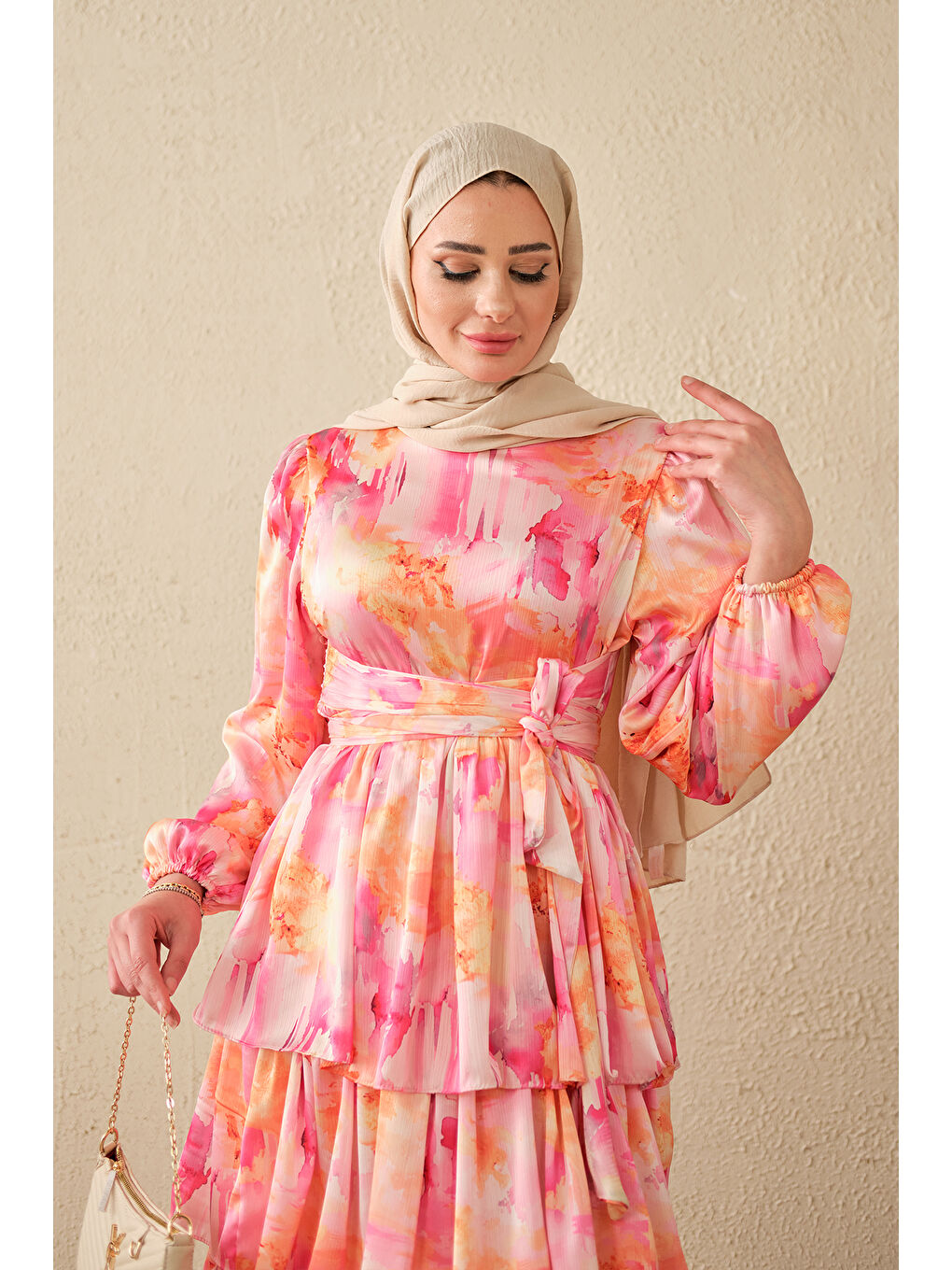 Kadın Karışık Desen Bel Bağlamalı Saten Elbise Pembe-1