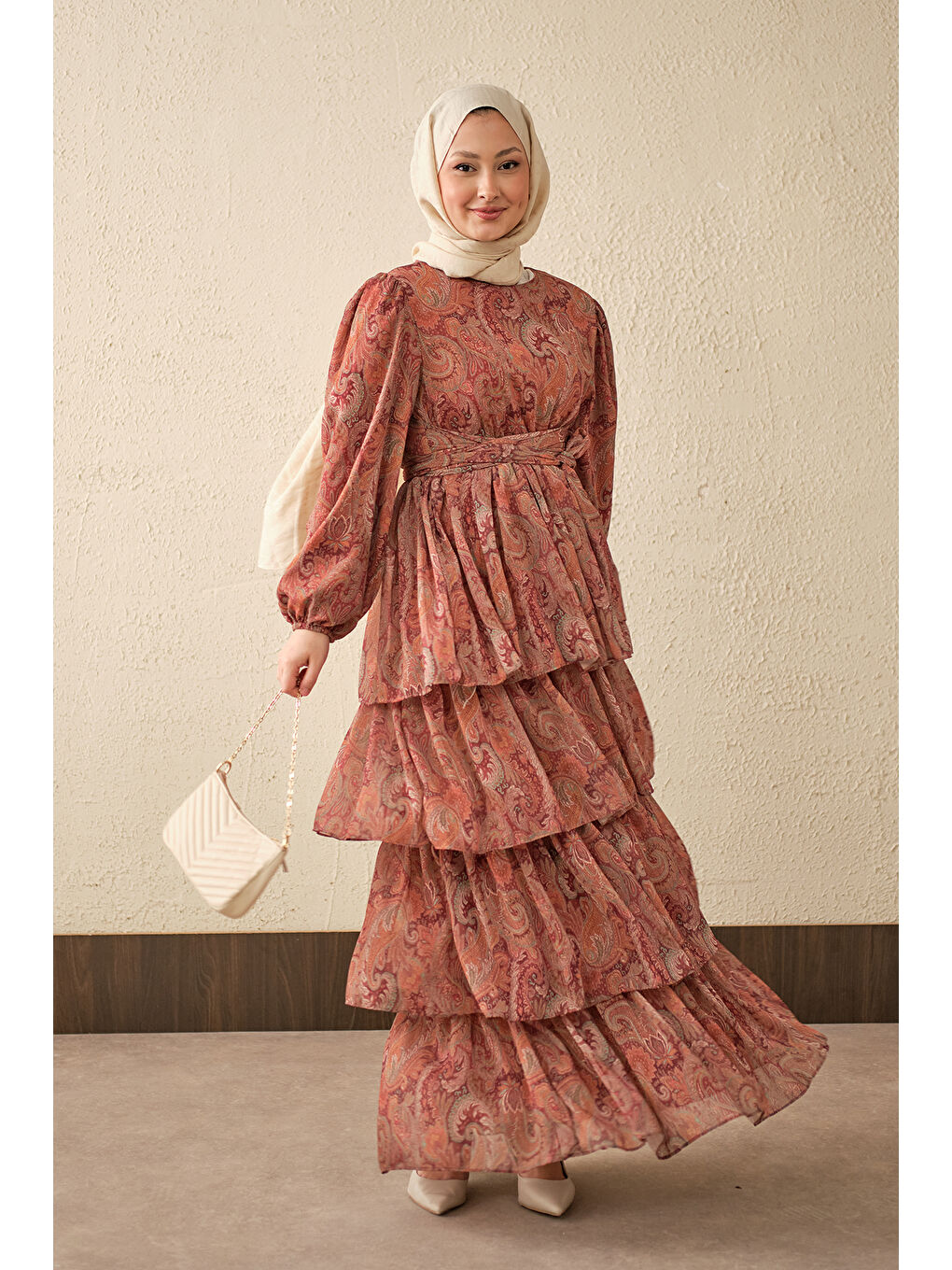 Kadın Etnik Desen Arkadan Bağlamalı Elbise Bordo-1