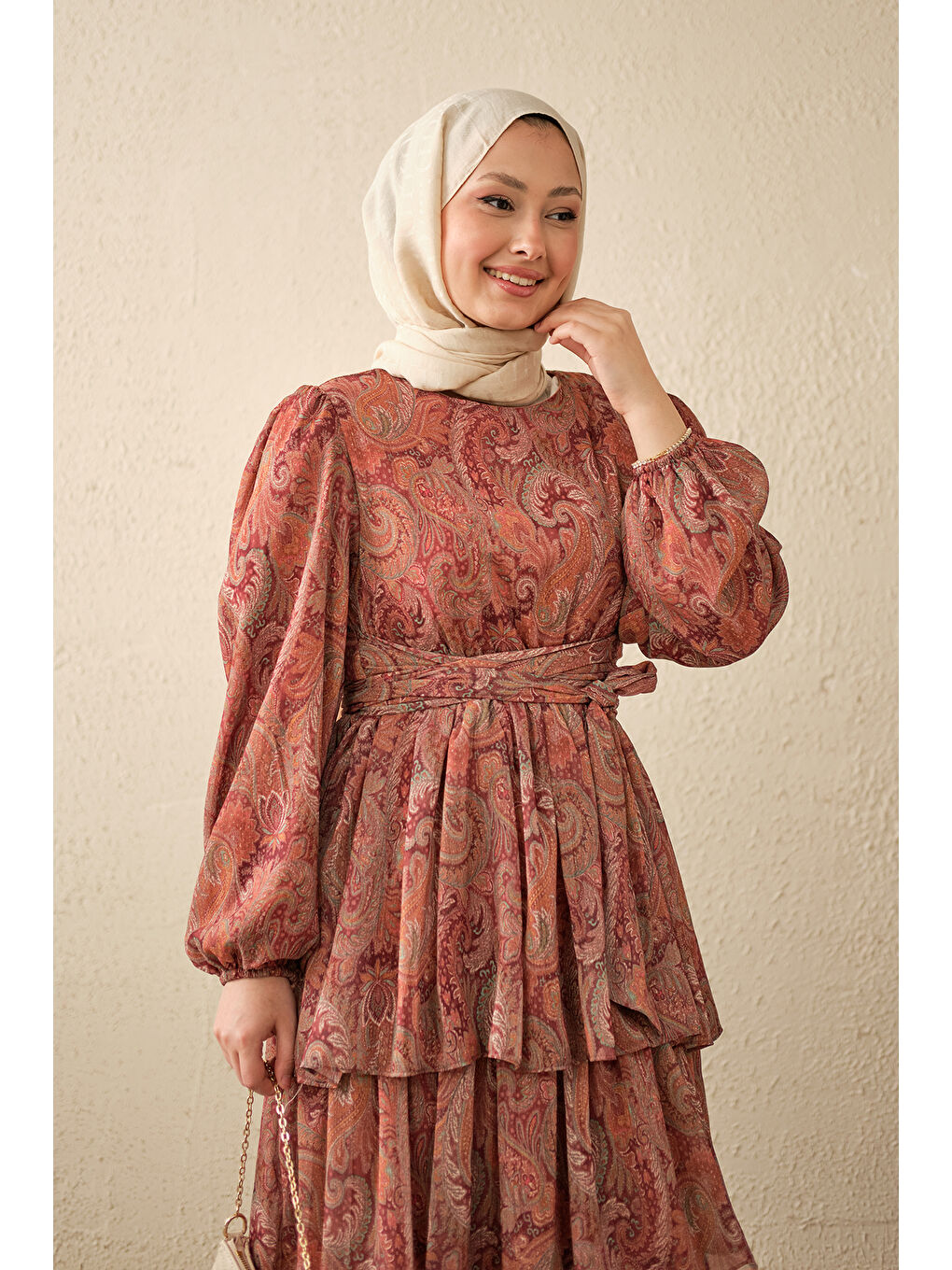 Kadın Etnik Desen Arkadan Bağlamalı Elbise Bordo-2