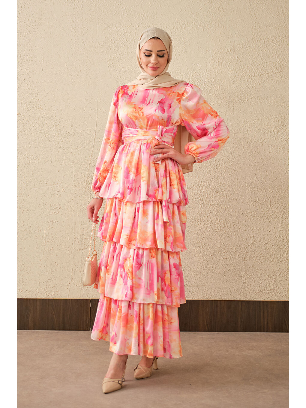 Kadın Karışık Desen Bel Bağlamalı Saten Elbise Pembe-2