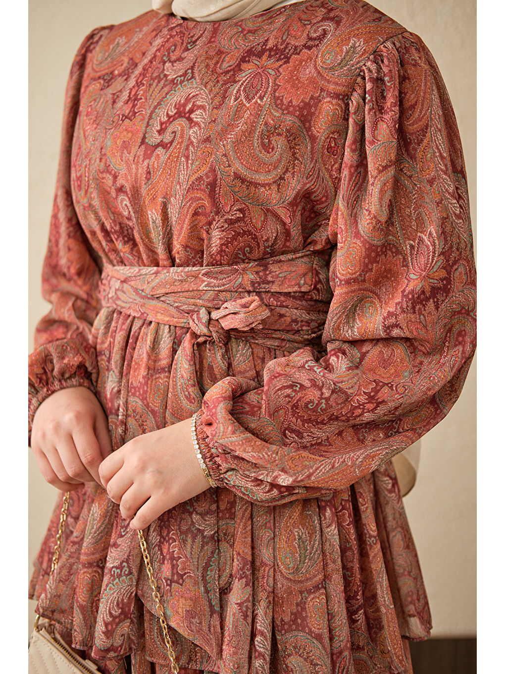 Kadın Etnik Desen Arkadan Bağlamalı Elbise Bordo-3