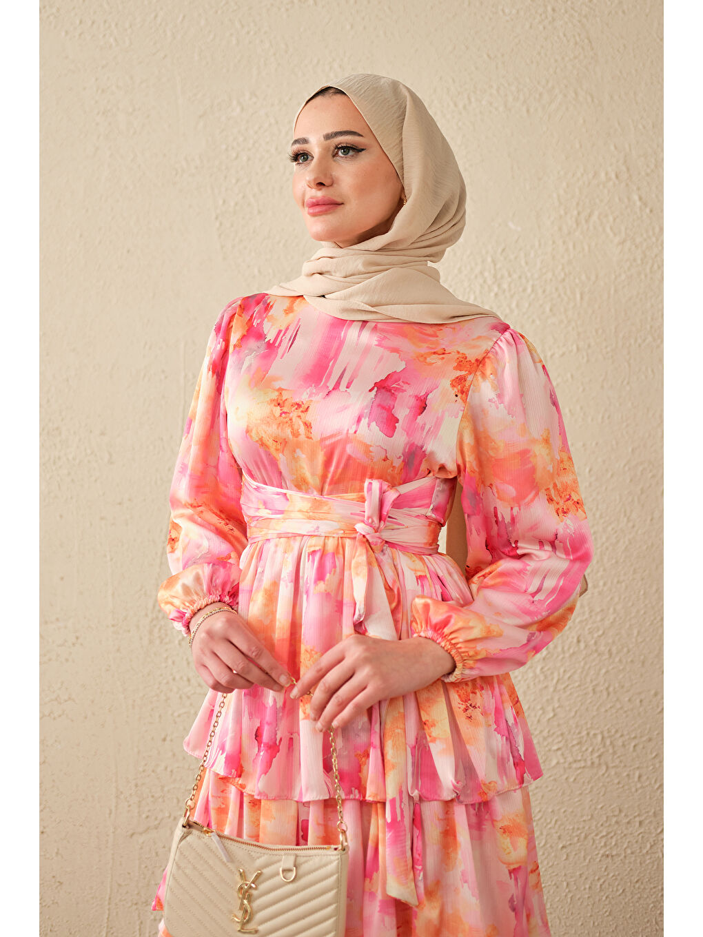 Kadın Karışık Desen Bel Bağlamalı Saten Elbise Pembe-3