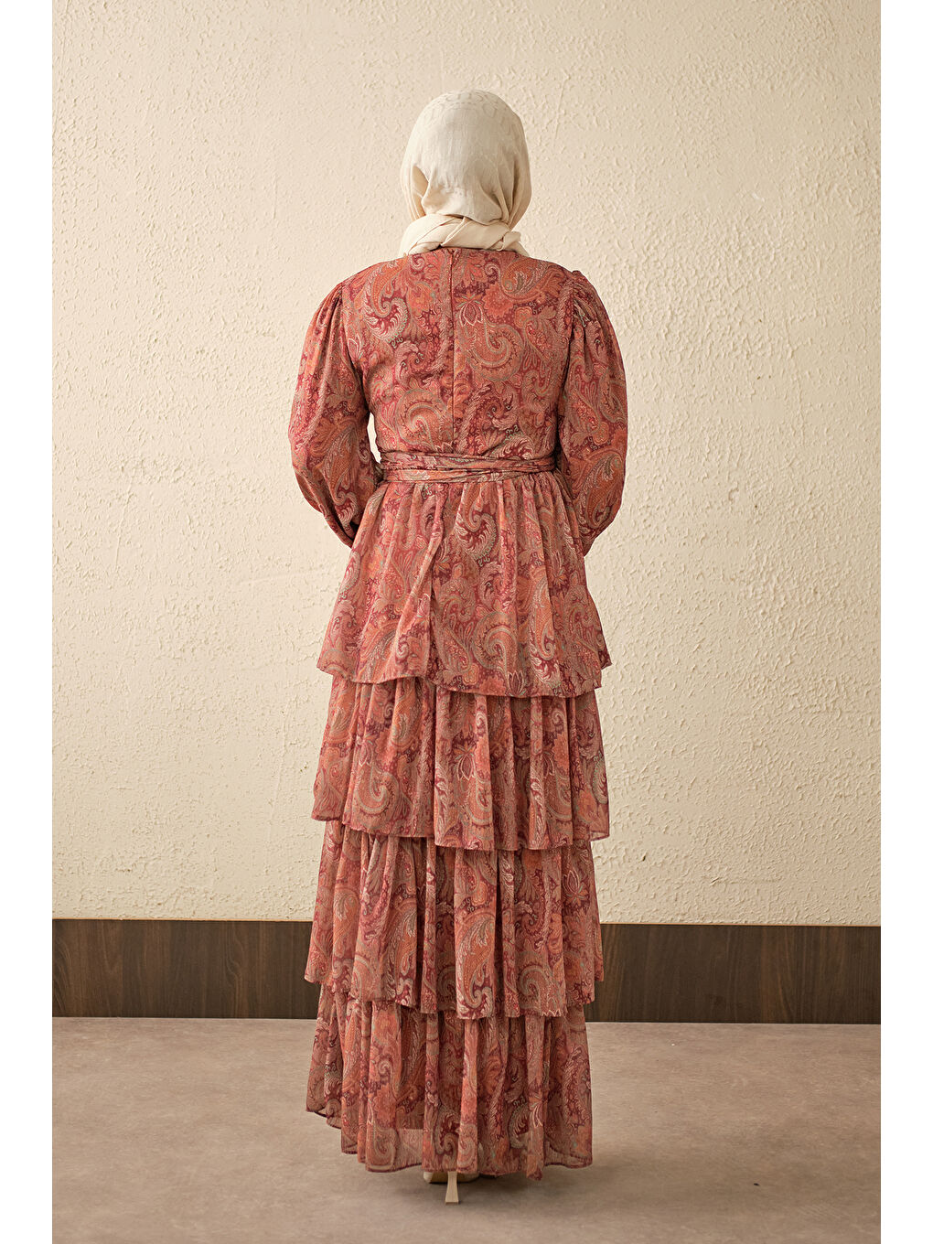 Kadın Etnik Desen Arkadan Bağlamalı Elbise Bordo-4