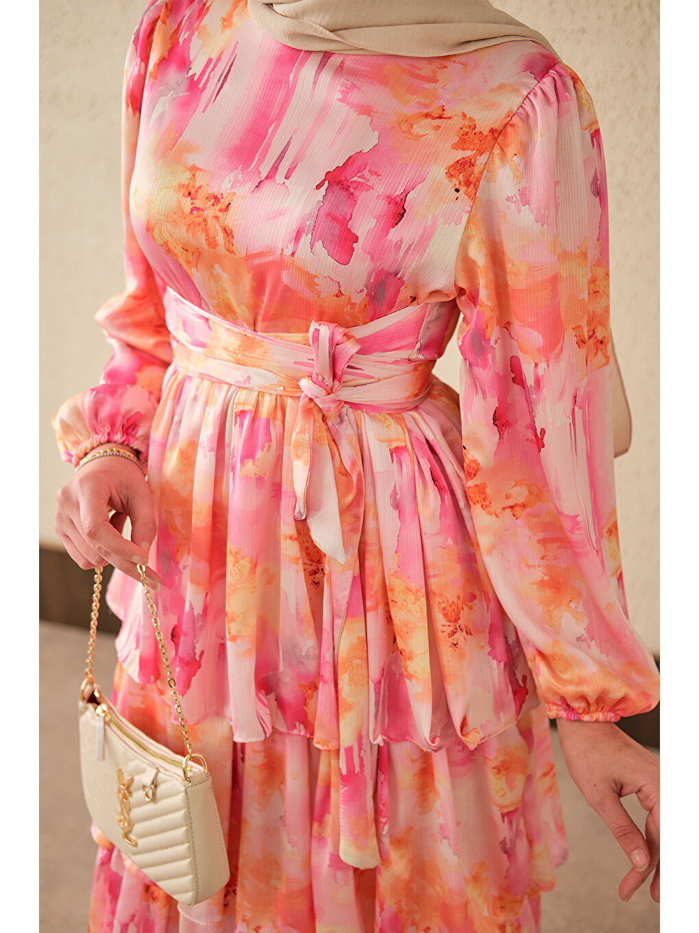 Kadın Karışık Desen Bel Bağlamalı Saten Elbise Pembe-4