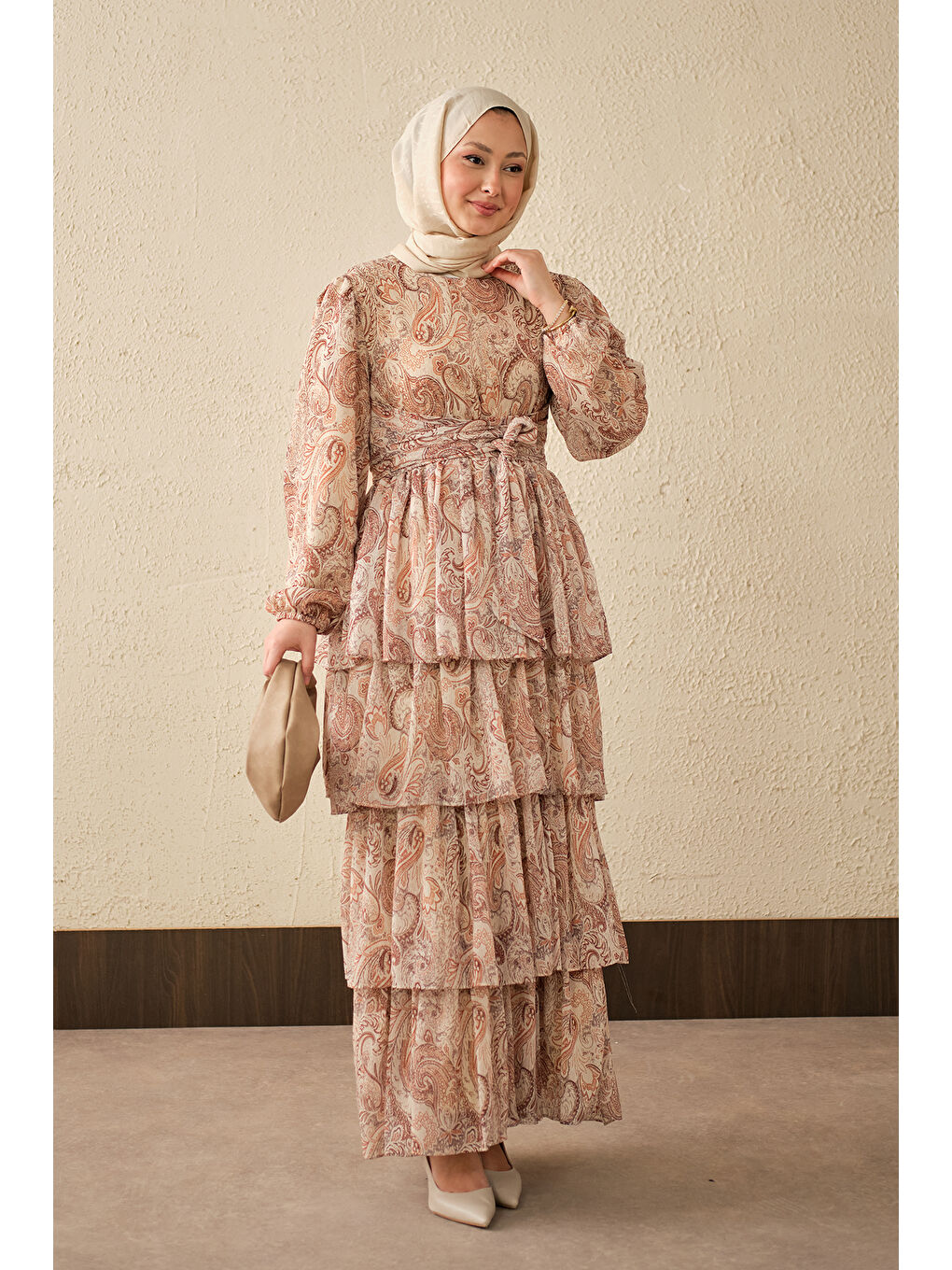 Bej Kadın Etnik Desen Arkadan Bağlamalı Elbise Vizon-2