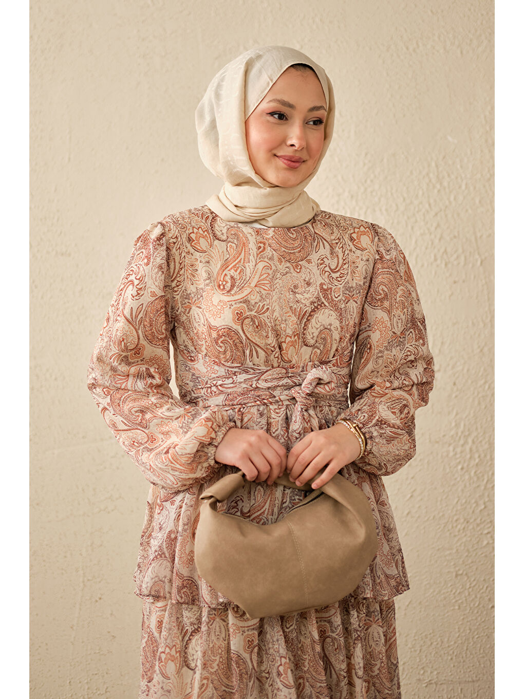 Bej Kadın Etnik Desen Arkadan Bağlamalı Elbise Vizon-3