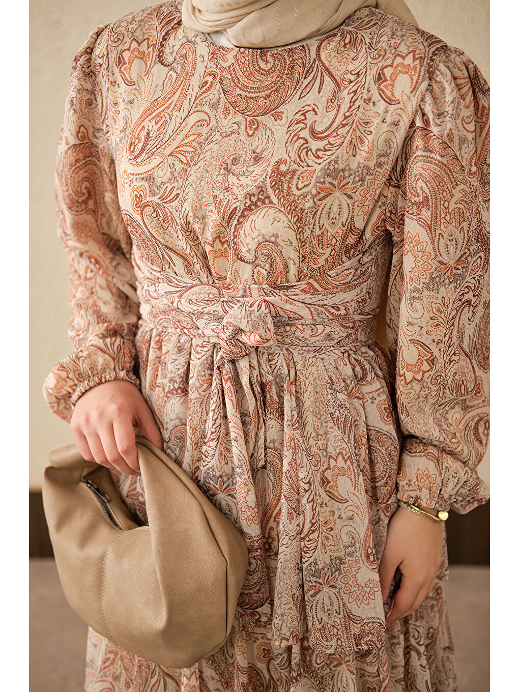 Bej Kadın Etnik Desen Arkadan Bağlamalı Elbise Vizon-4