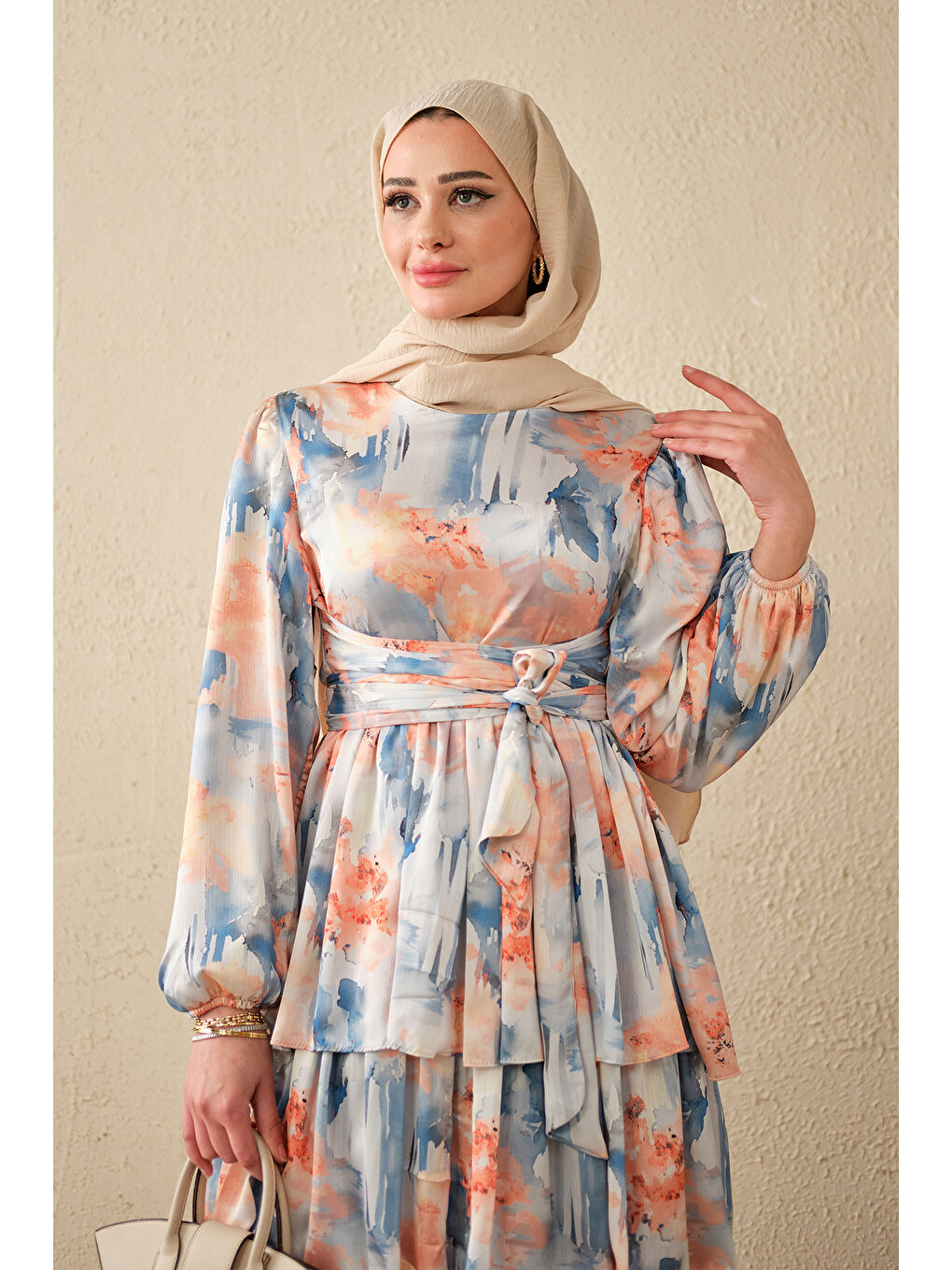 Pembe Kadın Karışık Desen Bel Bağlamalı Saten Elbise Somon-1