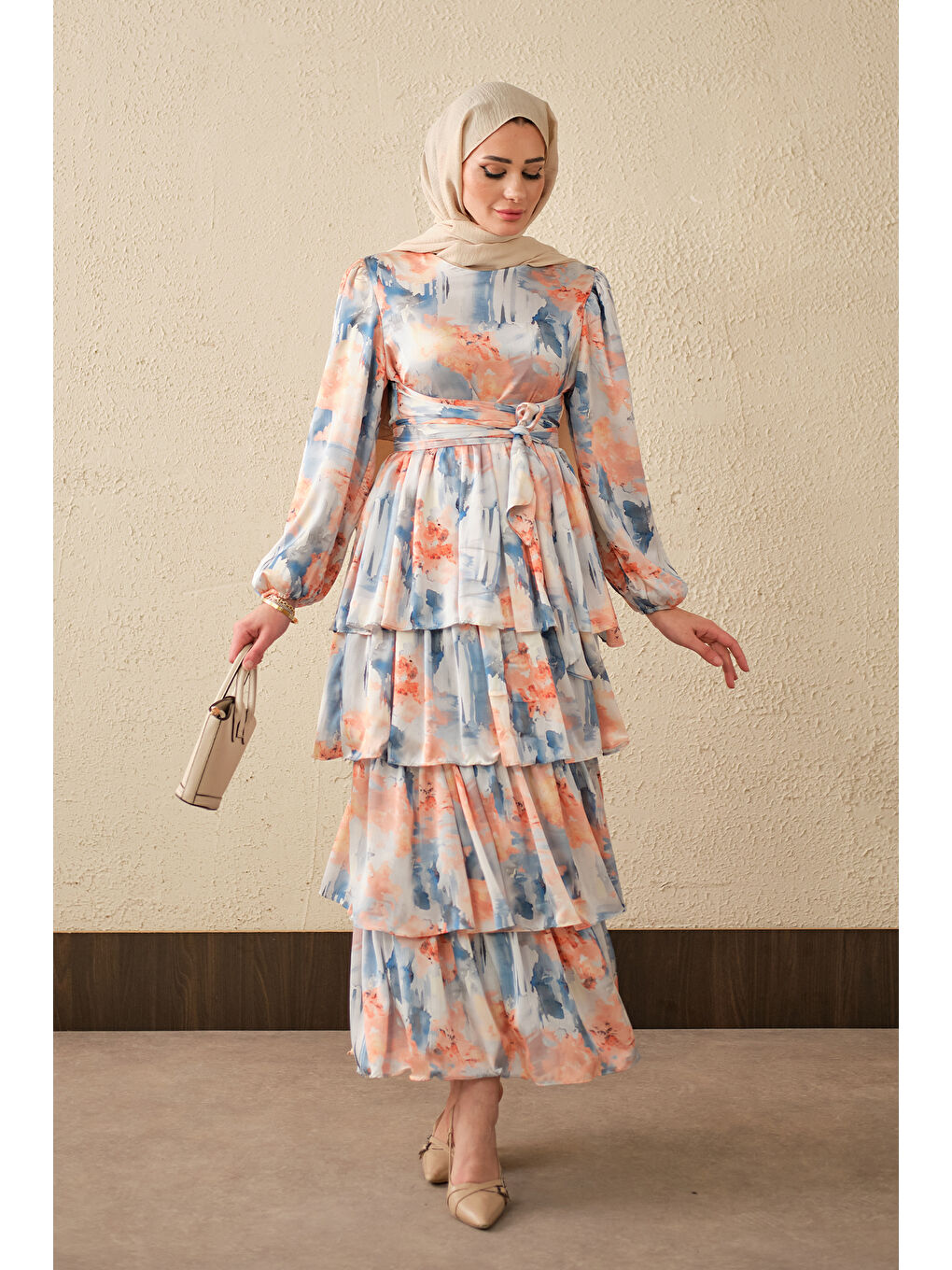 Pembe Kadın Karışık Desen Bel Bağlamalı Saten Elbise Somon-2