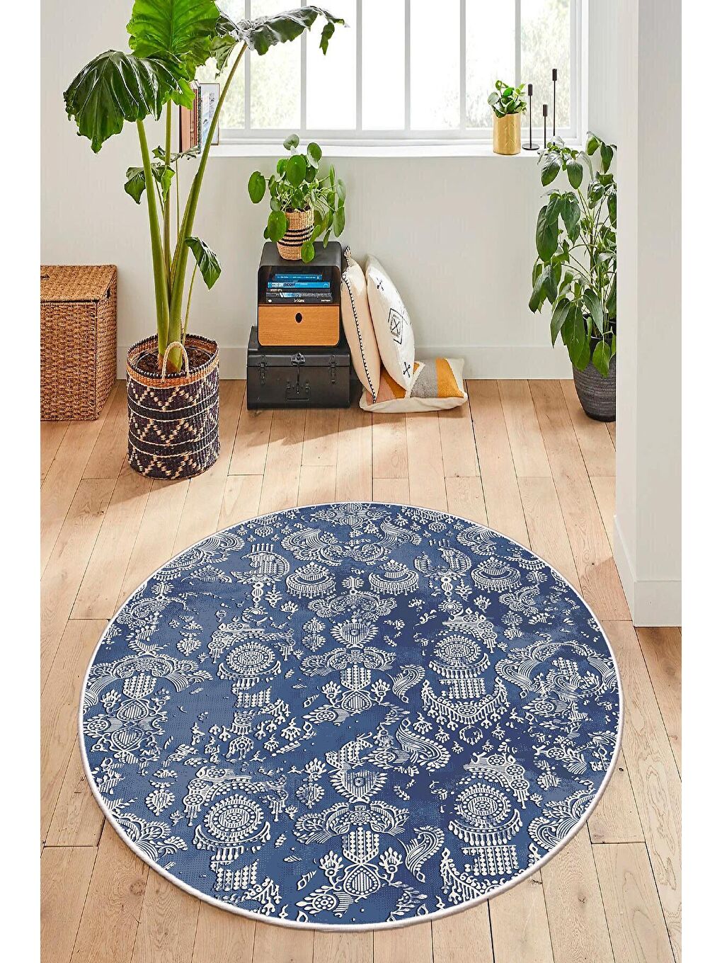 Lacivert Pamuk Taban, Yıkanabilir, Kaydırmaz Taban, Modern Halı  100 x 100 cm