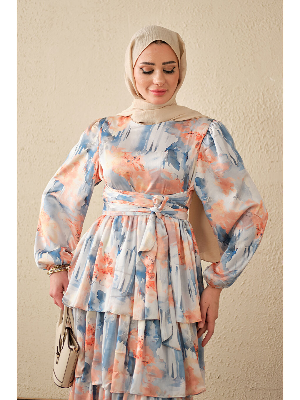 Pembe Kadın Karışık Desen Bel Bağlamalı Saten Elbise Somon-3