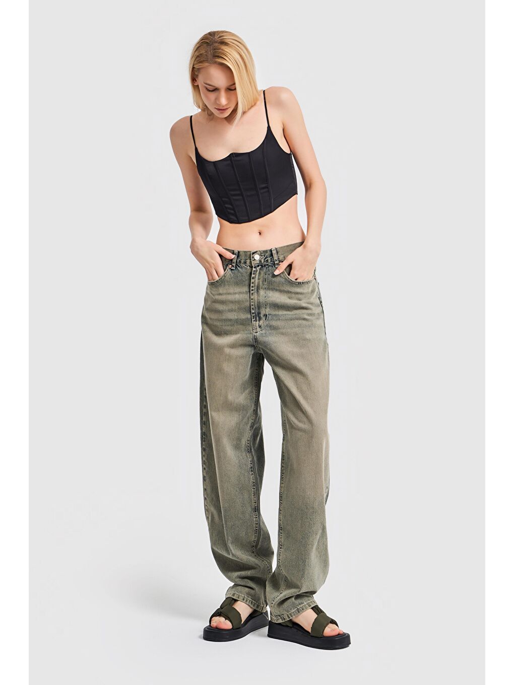 Yeşil Kadın S Tint Jean Rengi Skater Fit Özel Yıkama Denim-4