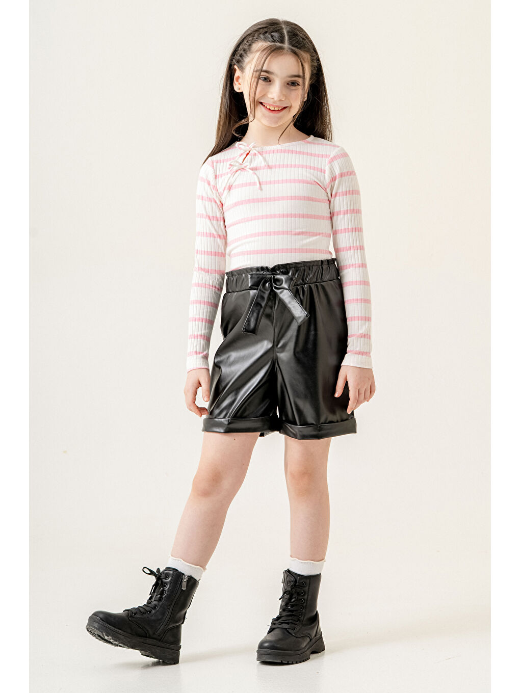 Çizgili Badili Deri Şortlu Kız Çocuk Takım 5-9 Yaş Pembe 3775-3