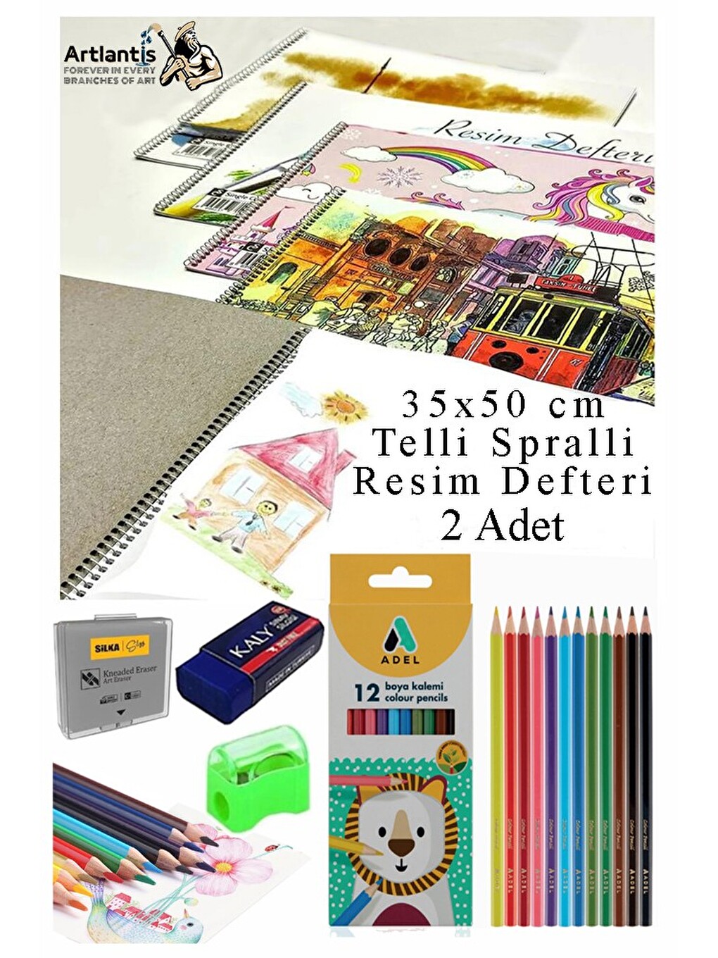 12 Renk Adel Kuru Boya 35x50 Cm Telli Spralli Resim Defteri Hamur Silgi Kalemtraş 15 Yaprak Resim De