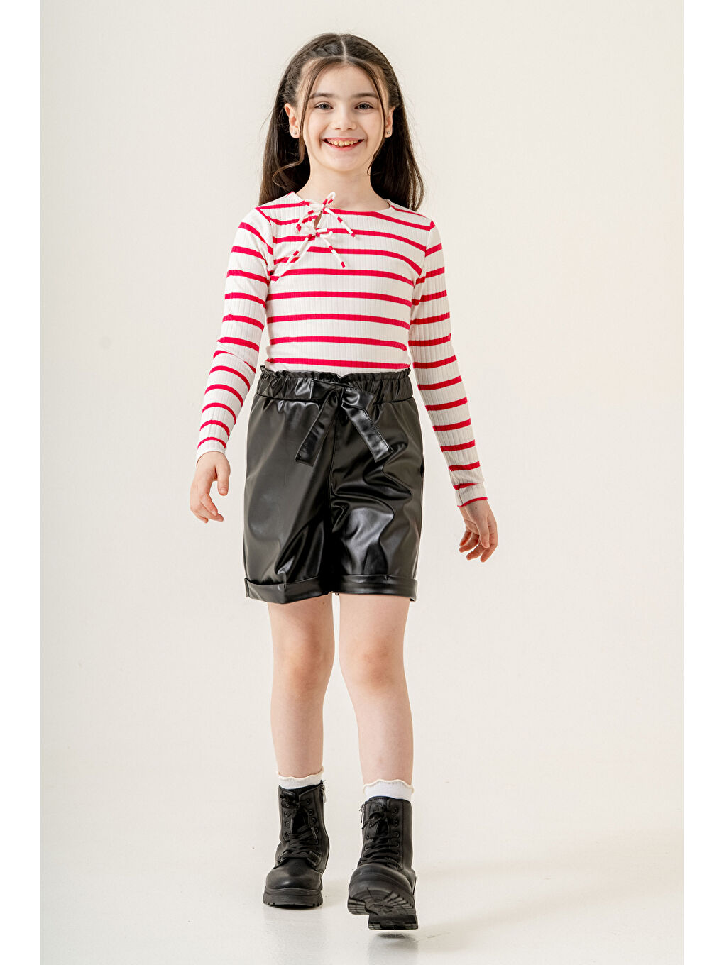 Çizgili Badili Deri Şortlu Kız Çocuk Takım 5-9 Yaş Fuşya 3775-4