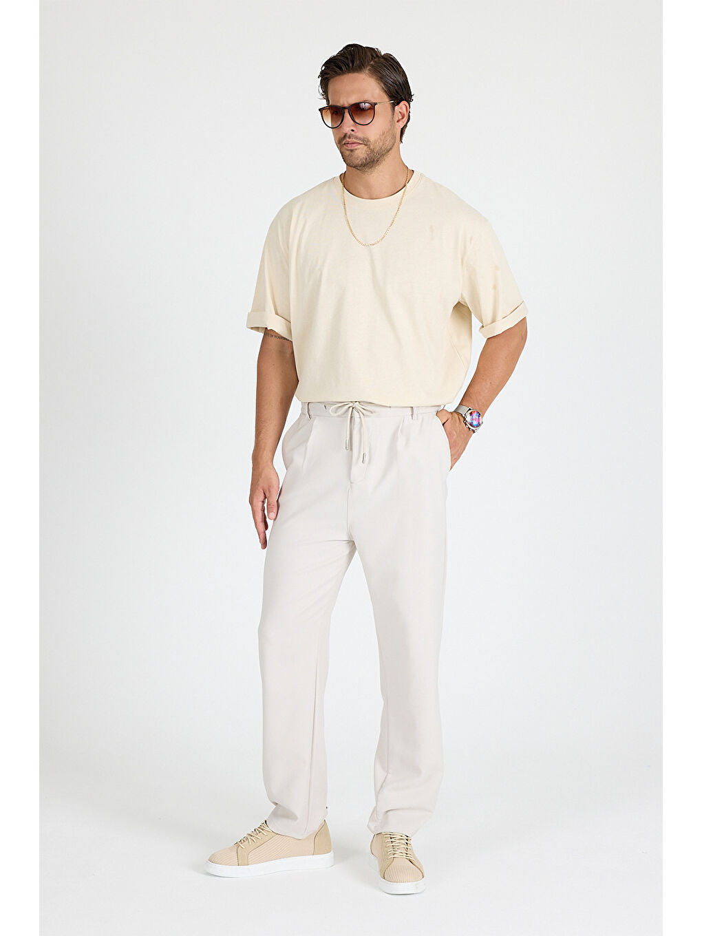 Ekru Erkek Krem Baggy Pantolon-1