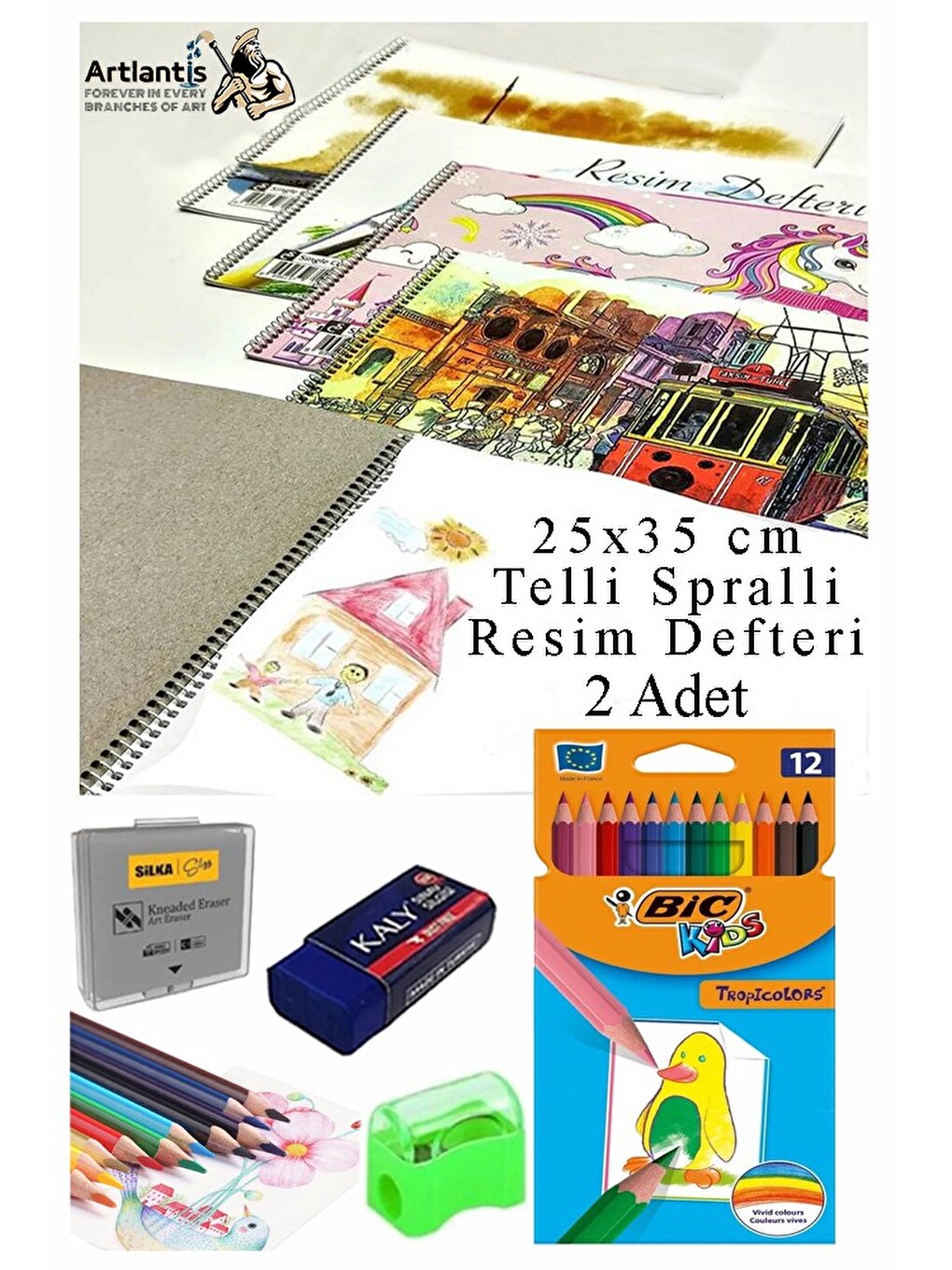 12 Renk Bic Kuru Boya 25x35 Cm Telli Spralli Resim Defteri Hamur Silgi Kalemtraş 15 Yaprak Resim Def