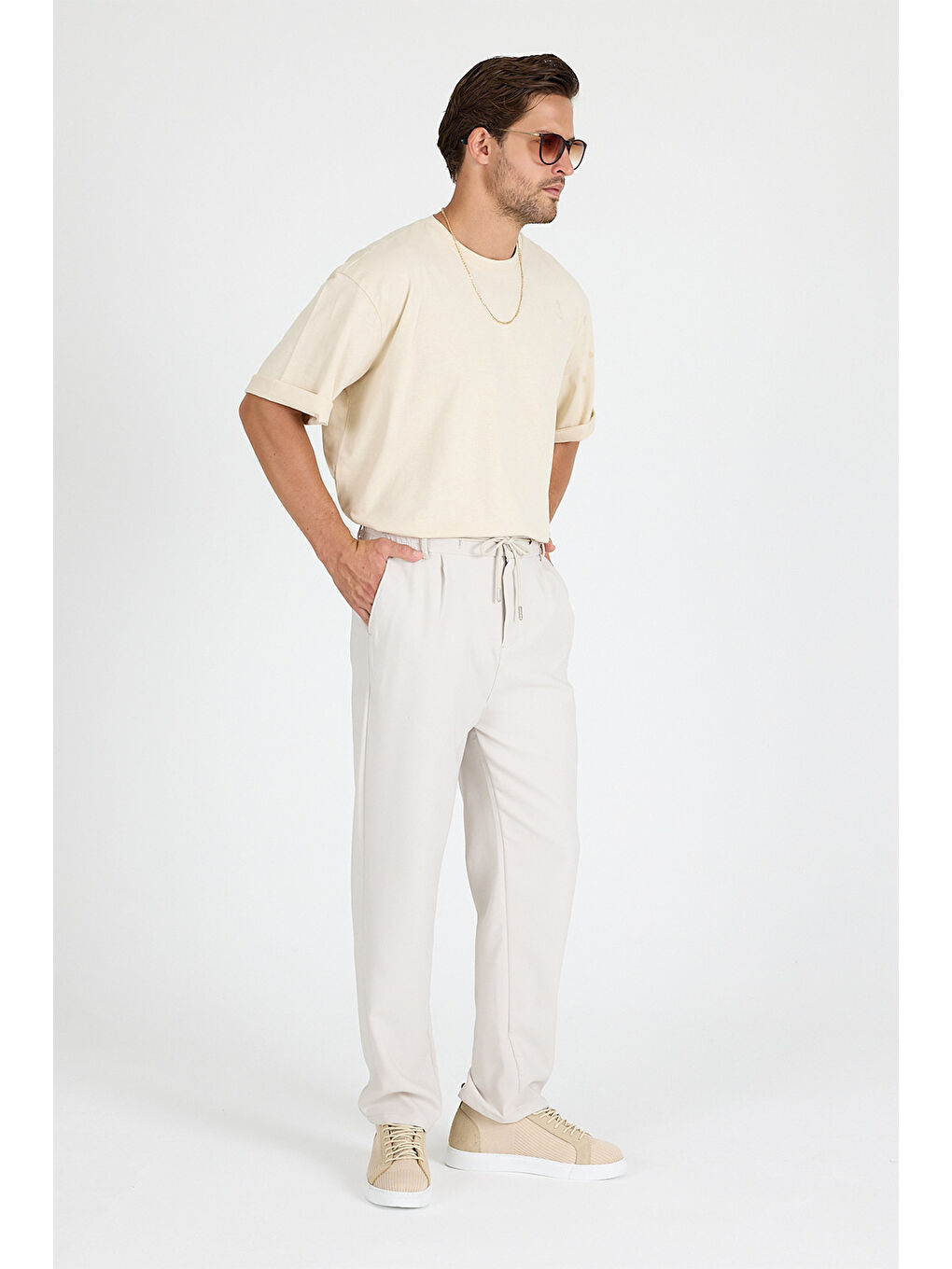 Ekru Erkek Krem Baggy Pantolon-2