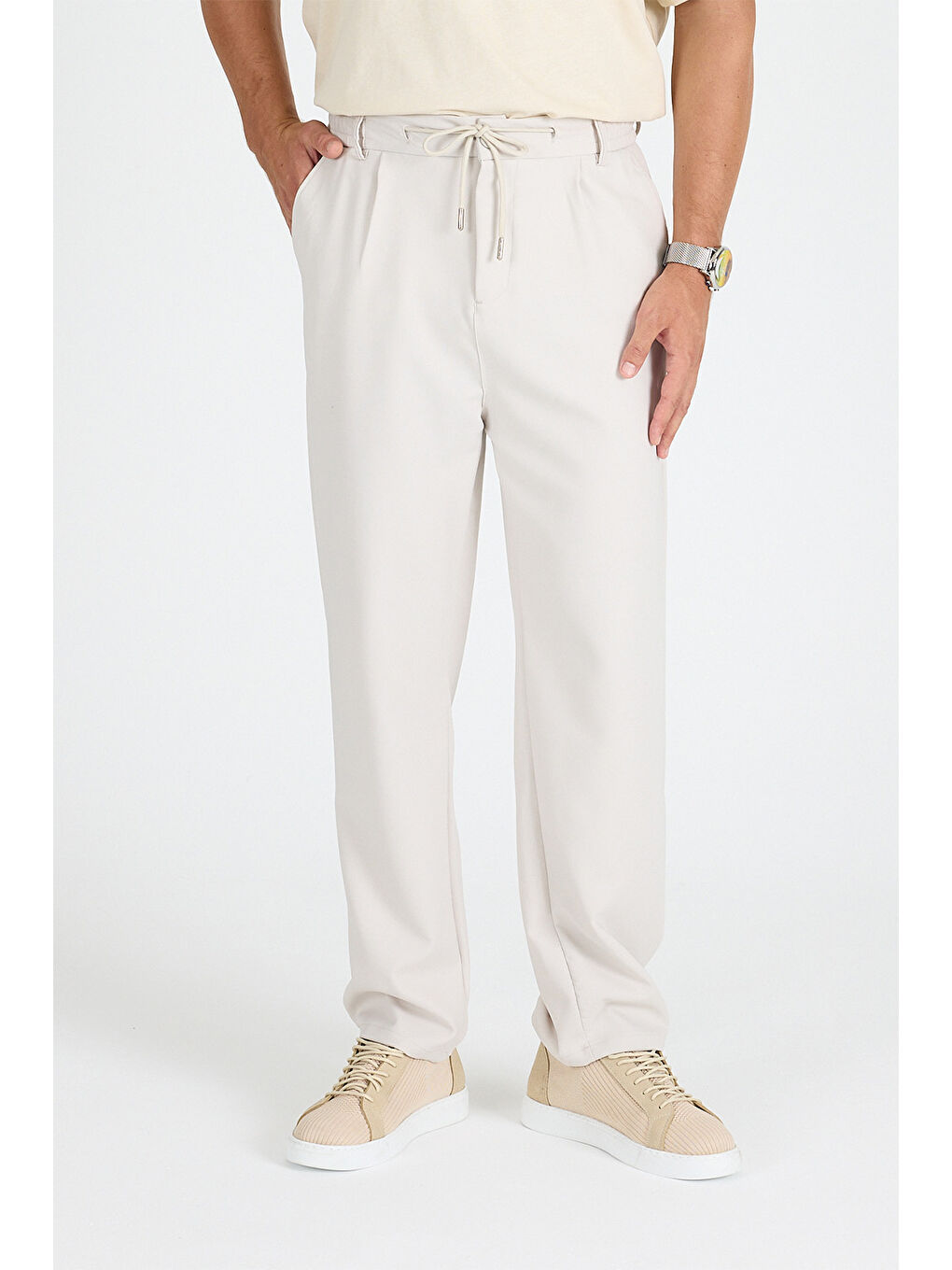 Ekru Erkek Krem Baggy Pantolon-3